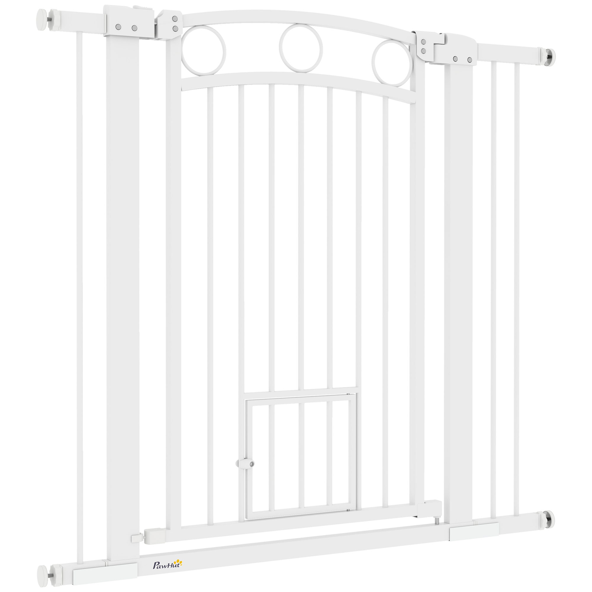 PawHut Porte pour Animaux, Barrière d'Escalier de 96 cm, Largeur Ajustable de 76-104 cm, avec Porte pour Chat, pour Escaliers et Ouvertures de Porte, Blanc