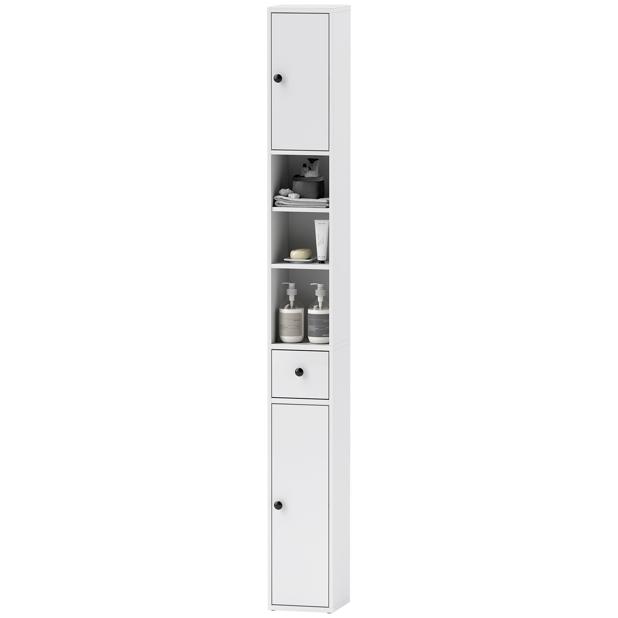 HOMCOM Colonne de Salle de Bain Gain de Place avec 2 Armoires, 3 Étagères Ouvertes et Tiroir, en Bois, 20x20x178 cm, Blanc