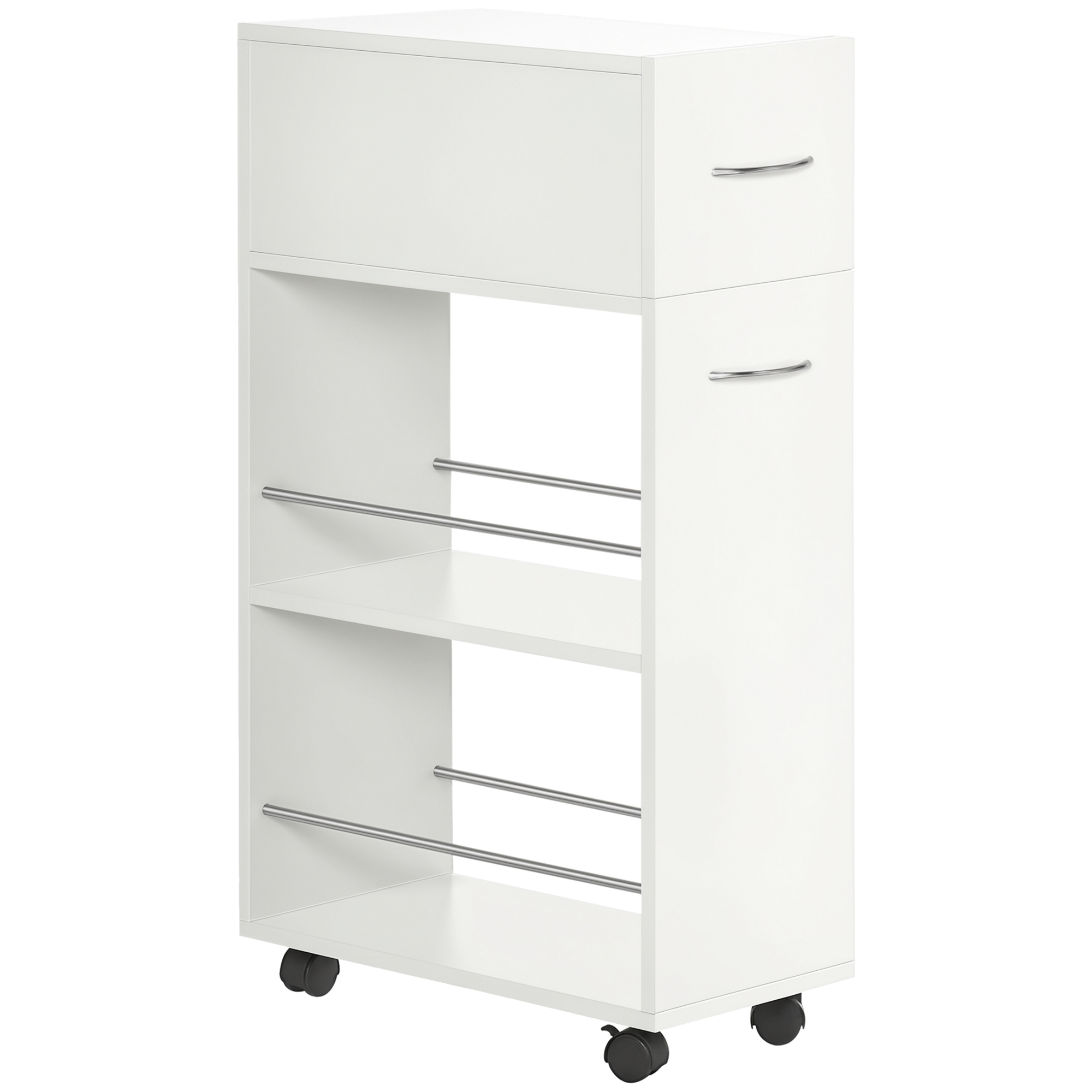 HOMCOM Verdulero de Cocina con Ruedas, 1 Cajón, 2 Estantes Abiertos, Carro Auxiliar Compacto 25x50x85 cm Blanco | Aosom España