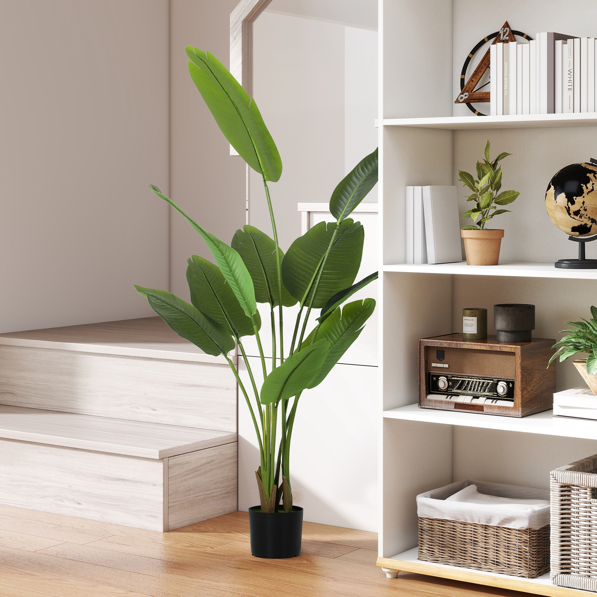 HOMCOM 160cm Tall Artificial Bird of Paradise Plant, Faux Banana Leaf Tree with PEVA Leaves and Flocking, Decorative Palm Tree in Pot for Home Office Decor, Green 2
