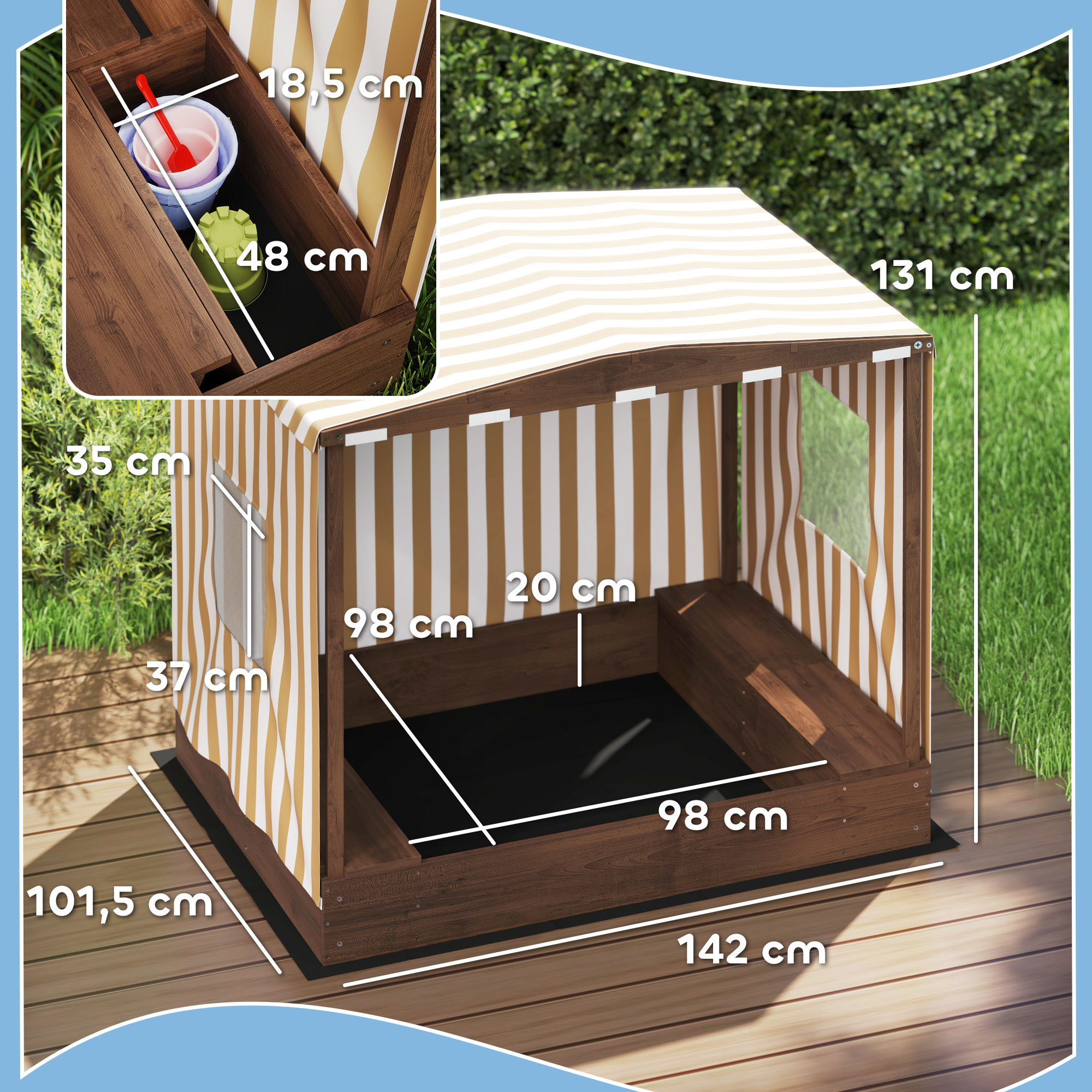 Bac à Sable AIYAPLAY Avec Auvent Et Porte Filet – 142 X 101,5 Cm – Bois, Bancs, Rangement – Pour 4 Enfants Dès 3 Ans