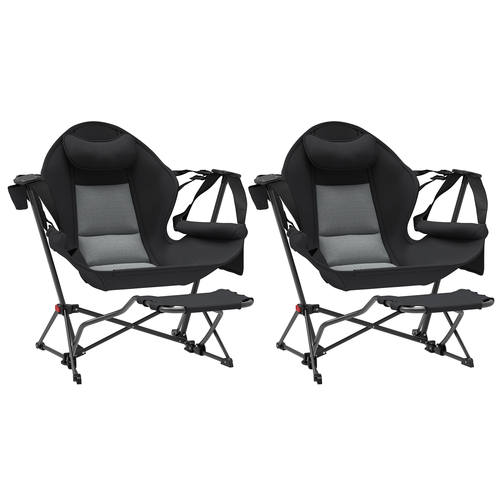 Outsunny 2 Mecedora Jardín Exterior con Reposapiés Reposacabezas Portavasos Bolsillos y Bolsa de Transporte Carga 120 kg Negro