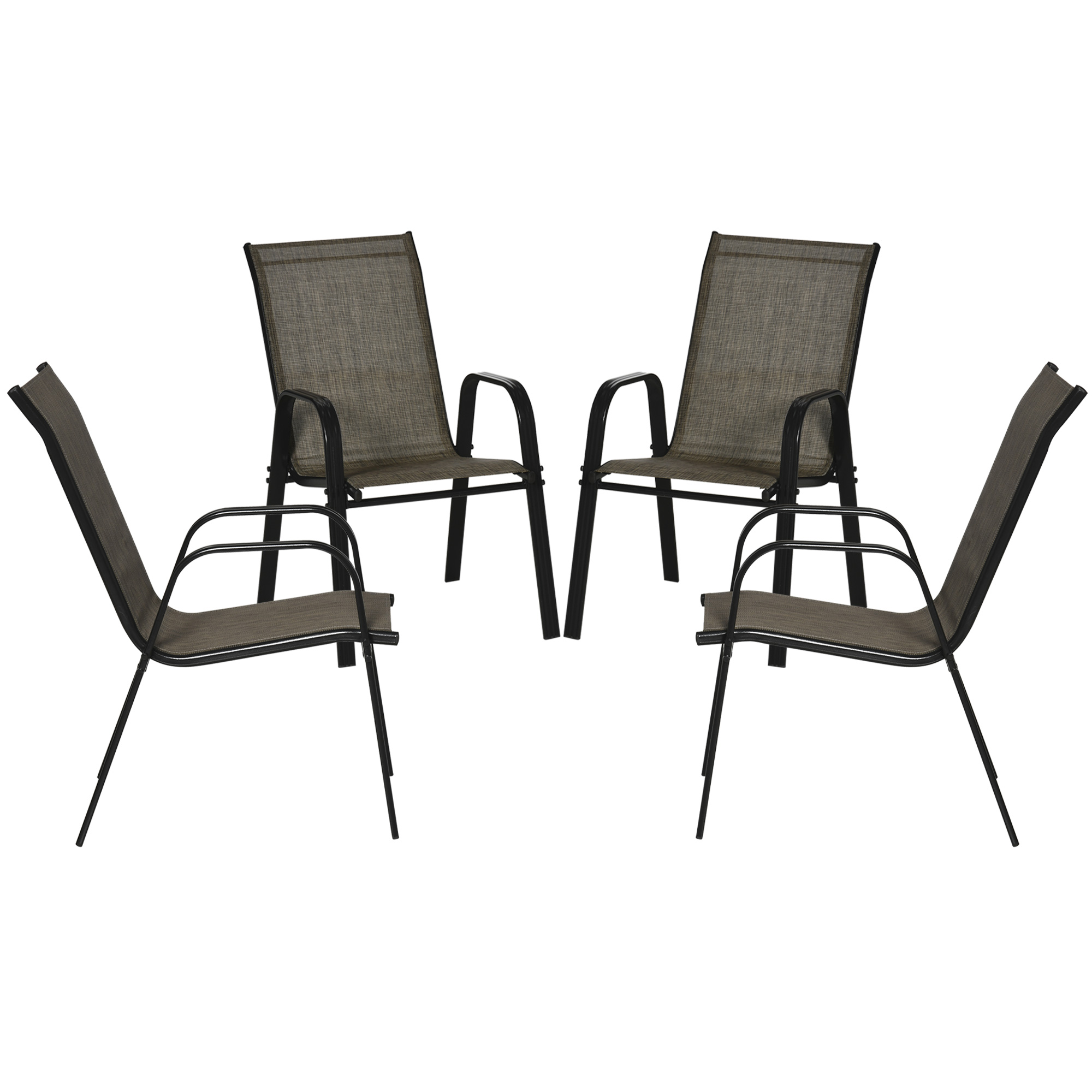 Outsunny Ensemble de Chaises de Jardin Set 4 Pièces, Chaises d'Extérieur Empilables en Métal et Tissu Respirant, Marron