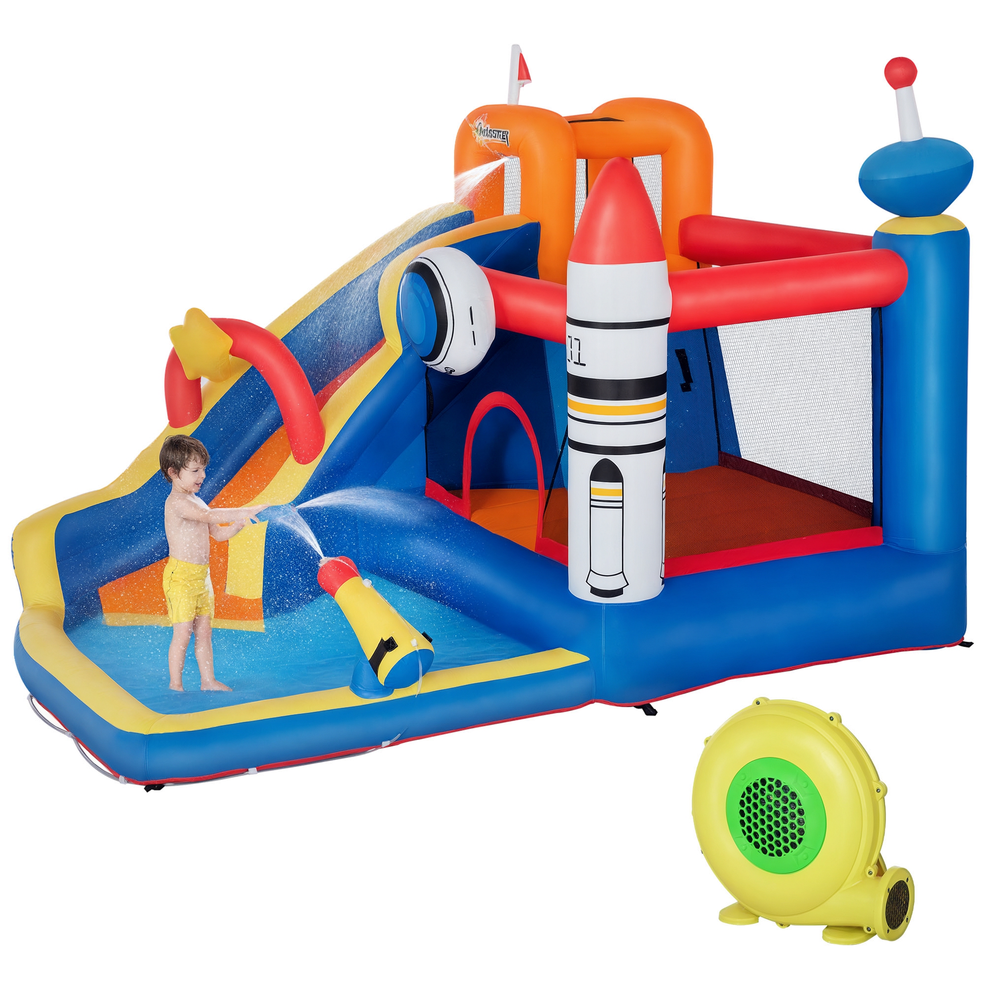 Outsunny Gioco Gonfiabile per Bambini 3-8 Anni a tema Spazio in Tessuto Oxford con Borsa da Trasporto, 11 Paletti e Toppe Inclusi, 340x270x227 cm