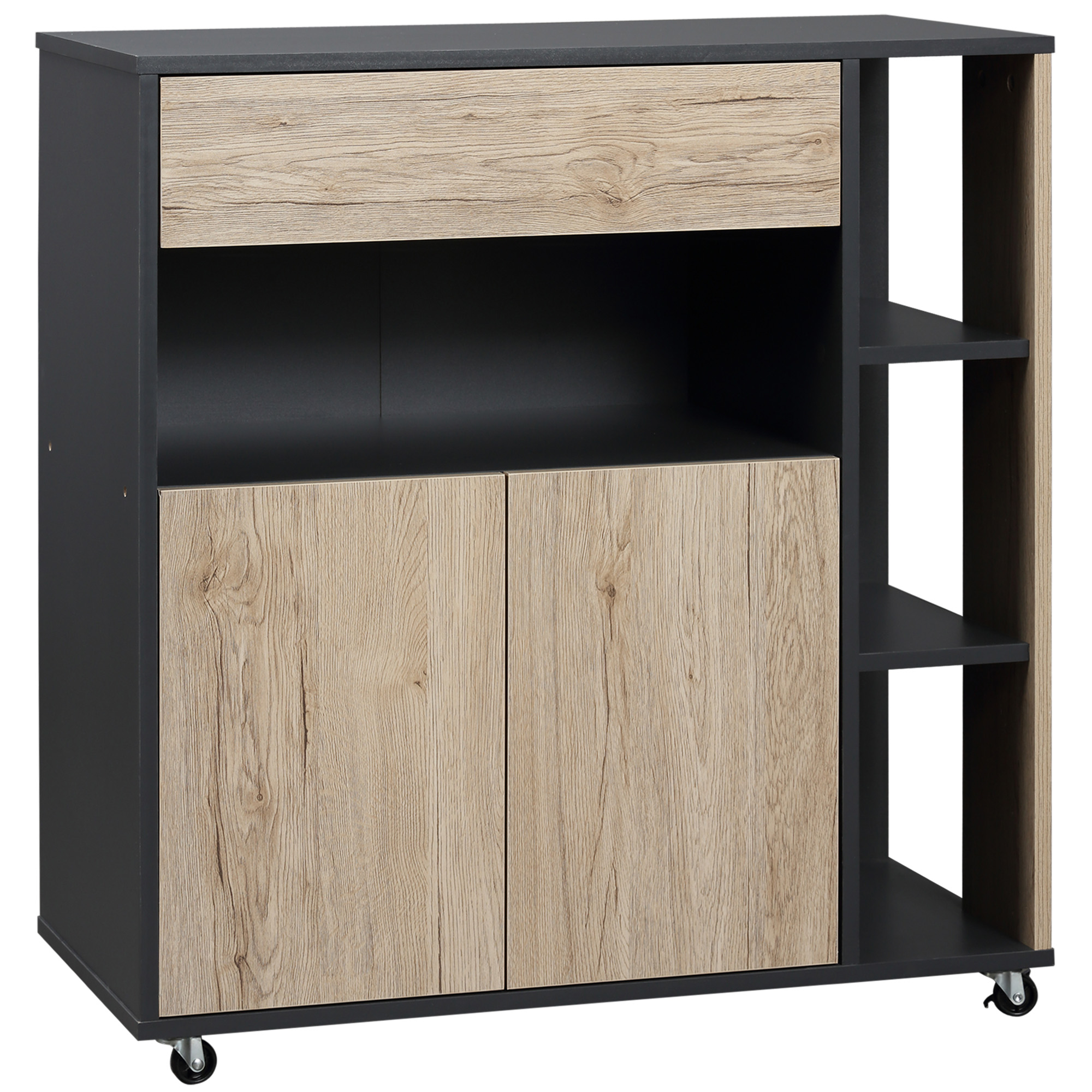 Chariot de Cuisine Polyvalent avec Tiroir, Armoire et Etagère, Bois et Noir