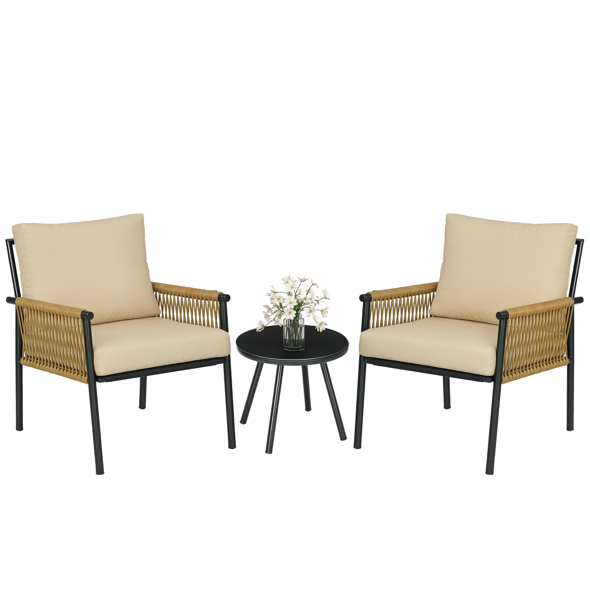 Outsunny Set Mobilier Terasă 3 Piese din Răchită, Set Exterior Bistro cu Perne Moi și Spătar, Ideal pentru Relaxare | Aosom Romania