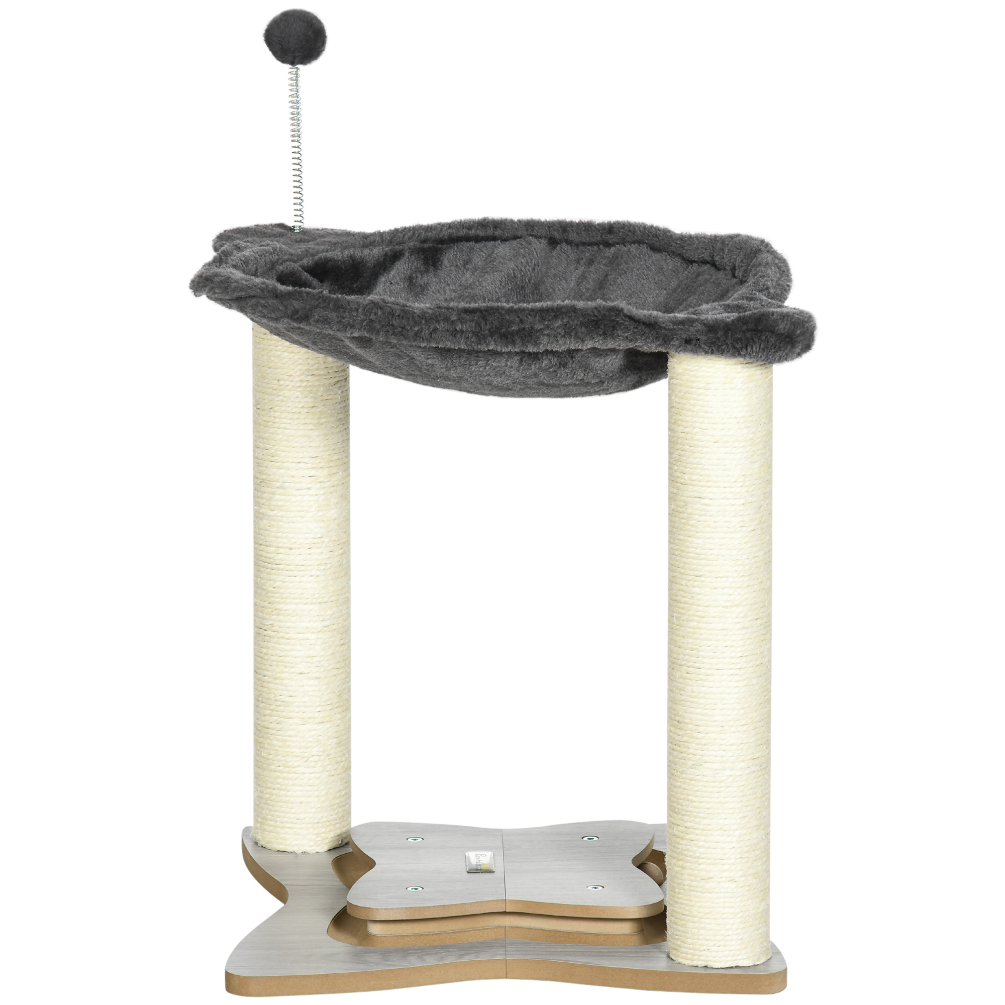 Meilleurs prix pour PawHut Griffoir pour Chats avec Hamac en Peluche, Base en Bois avec Jeu et Poteaux en Sisal, 53,55x53,5x66cm, Gris