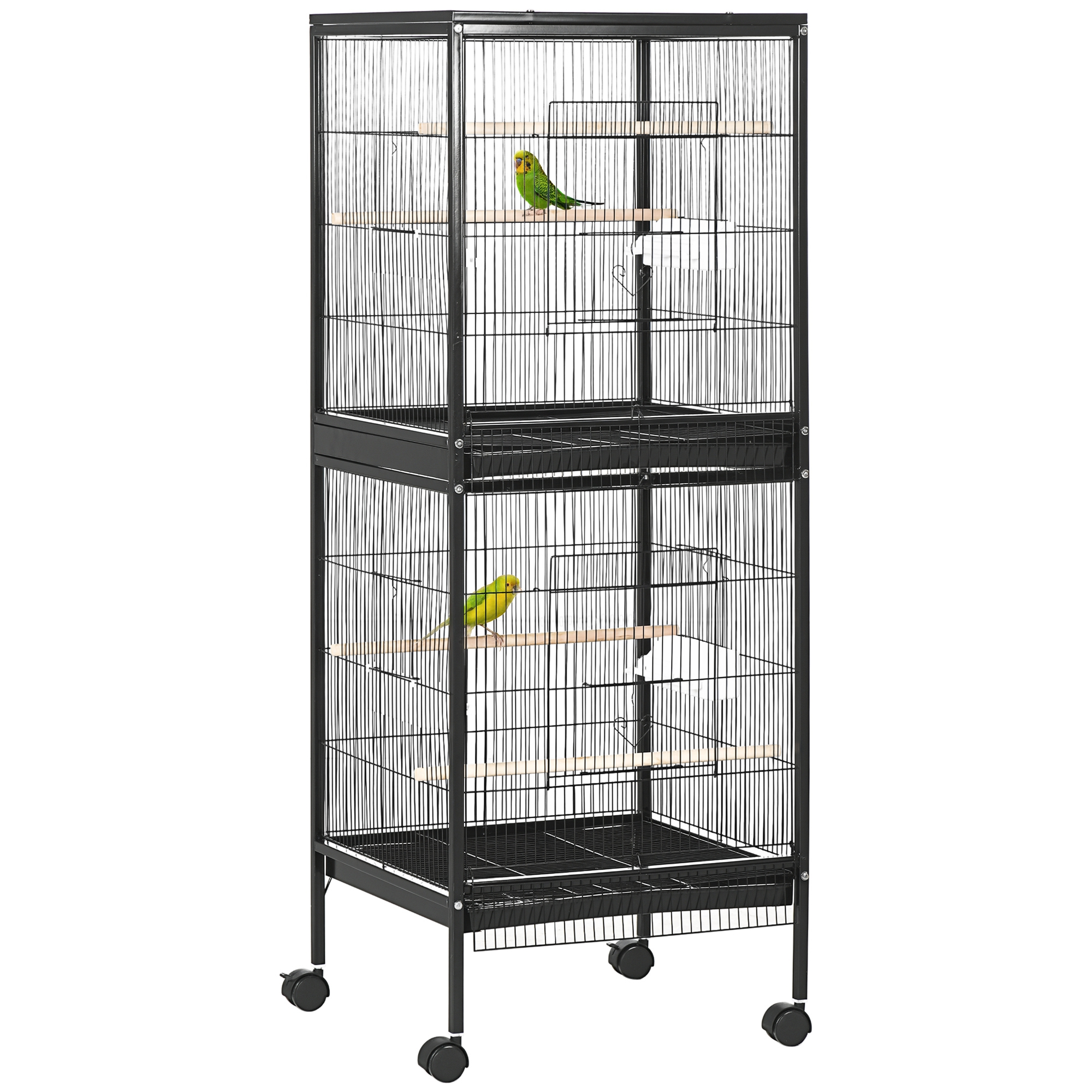 PawHut Gabbia Voliera per Uccelli per Interni con Ruote e Vassoi Estraibili, 51.5x50x140 cm, Nero