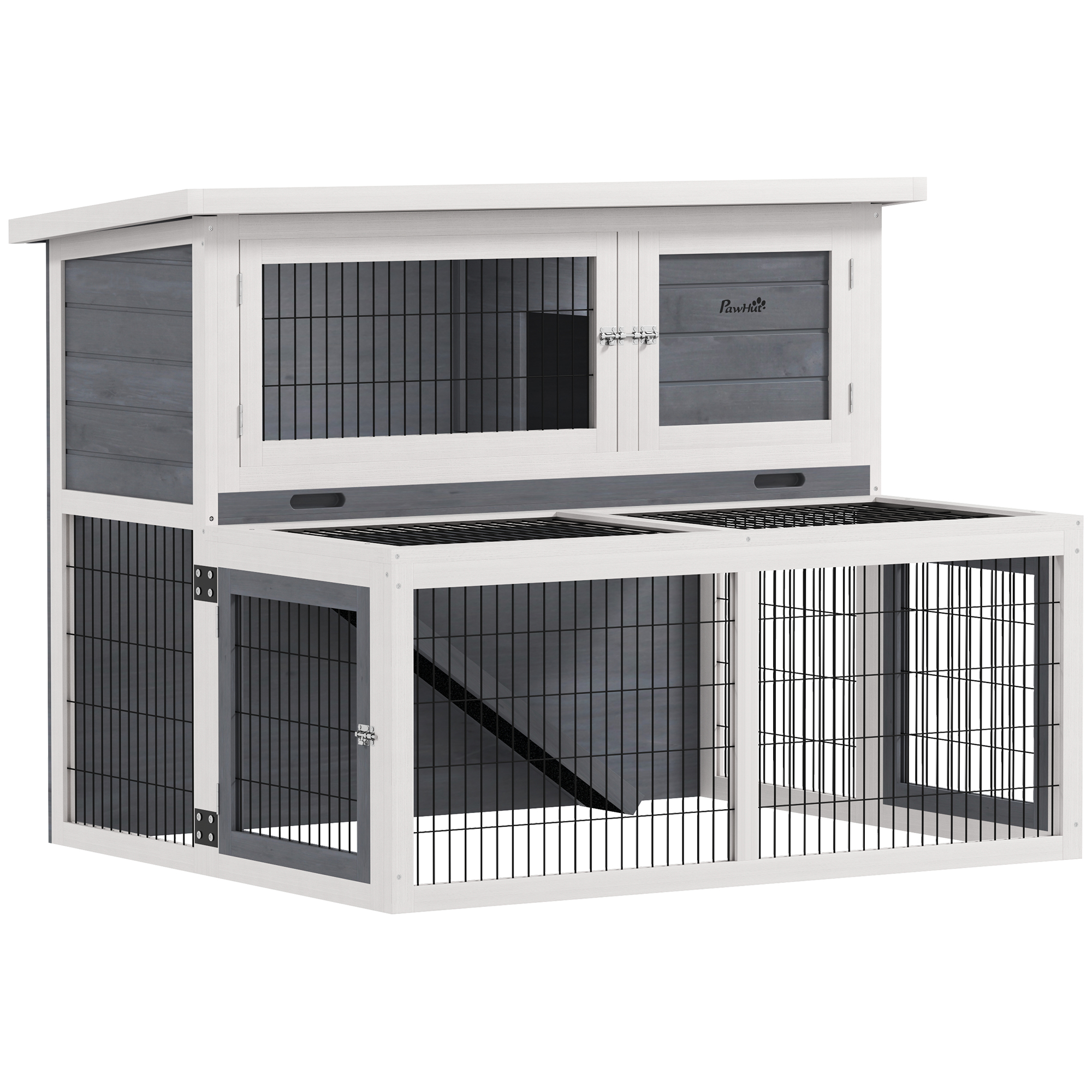 Meilleurs prix pour PawHut Cage à Lapin à 2 Niveaux avec Tiroir Amovible en Bois d'Épicéa et Acier, 122x95x93.5 cm, Multicolore