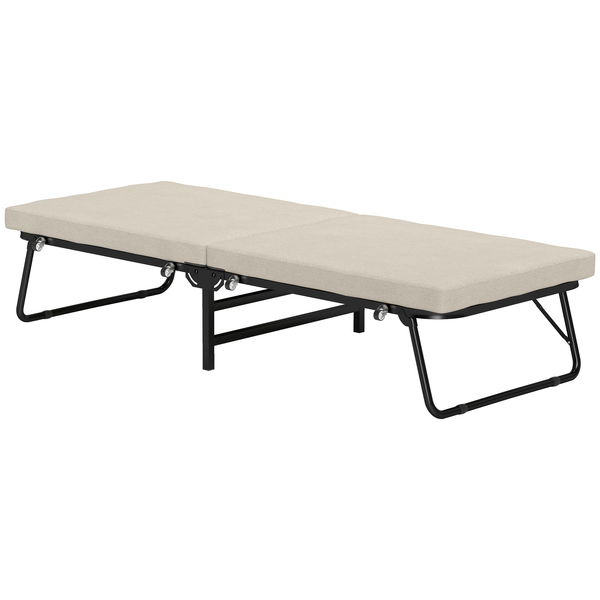HOMCOM Lit Plié Pliant 70x180 cm avec Matelas en Mousse Dossier Ajustable en 5 Positions et Roulettes Charge 120 kg Crème
