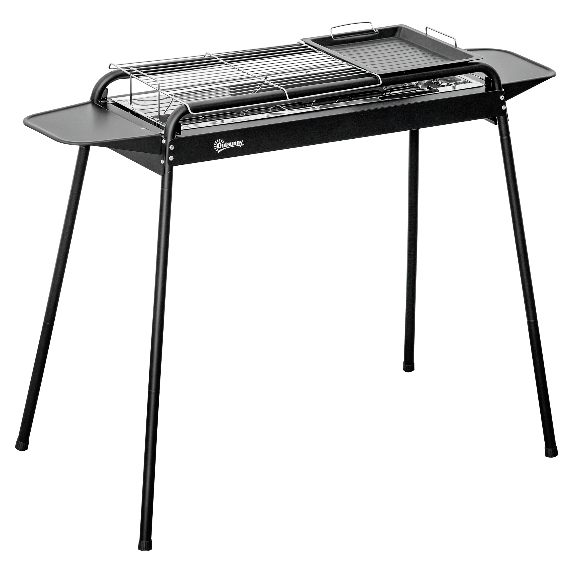 Image of Outsunny Barbecue a Carbonella con Griglia e Piastra in Acciaio con Ripiani Laterali, 113x59x83.5cm, Nero Aosom cod005