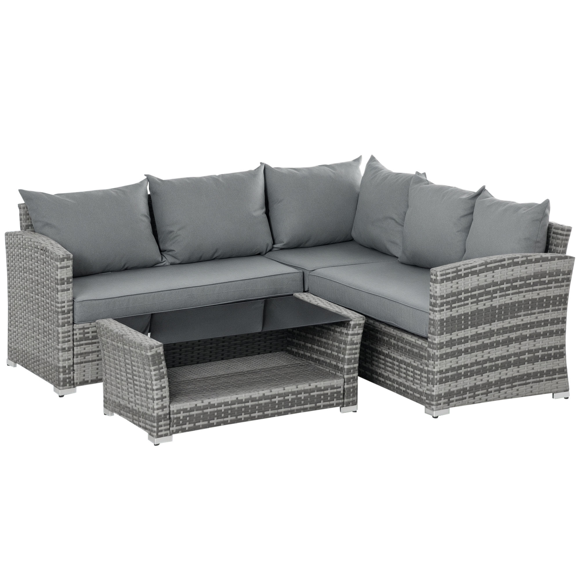 Outsunny Set Mobile da Giardino in Rattan PE da 4 Pezzi, con Divano Angolare e Tavolino con Vetro, Cuscini Imbottiti e Sfoderabili, Grigio Aosom