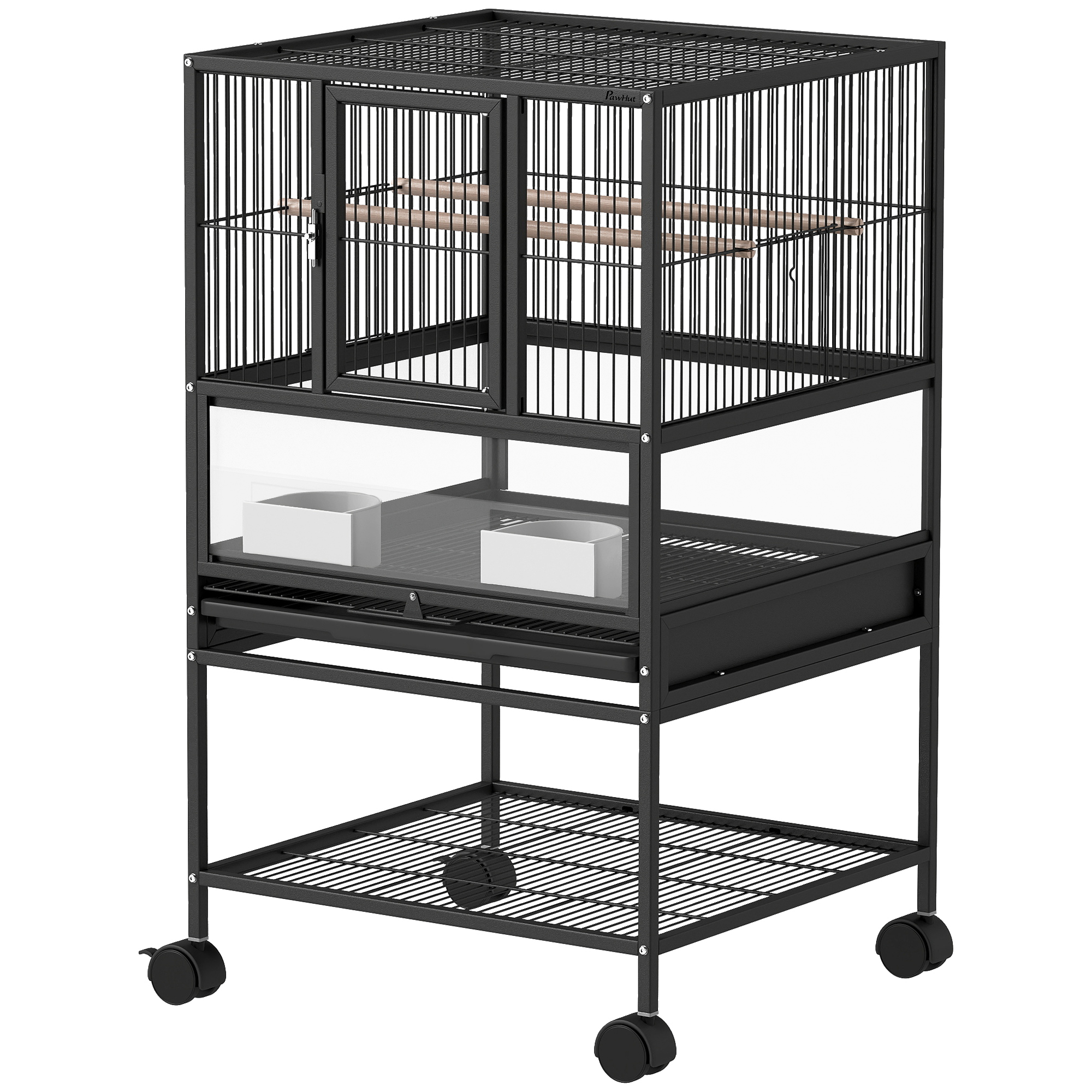 Comparer les prix de PawHut Cage pour Oiseaux avec Étagère Inférieure, Plateau et Grille Amovibles, en Acier et PP, 48x46x83 cm, Noir