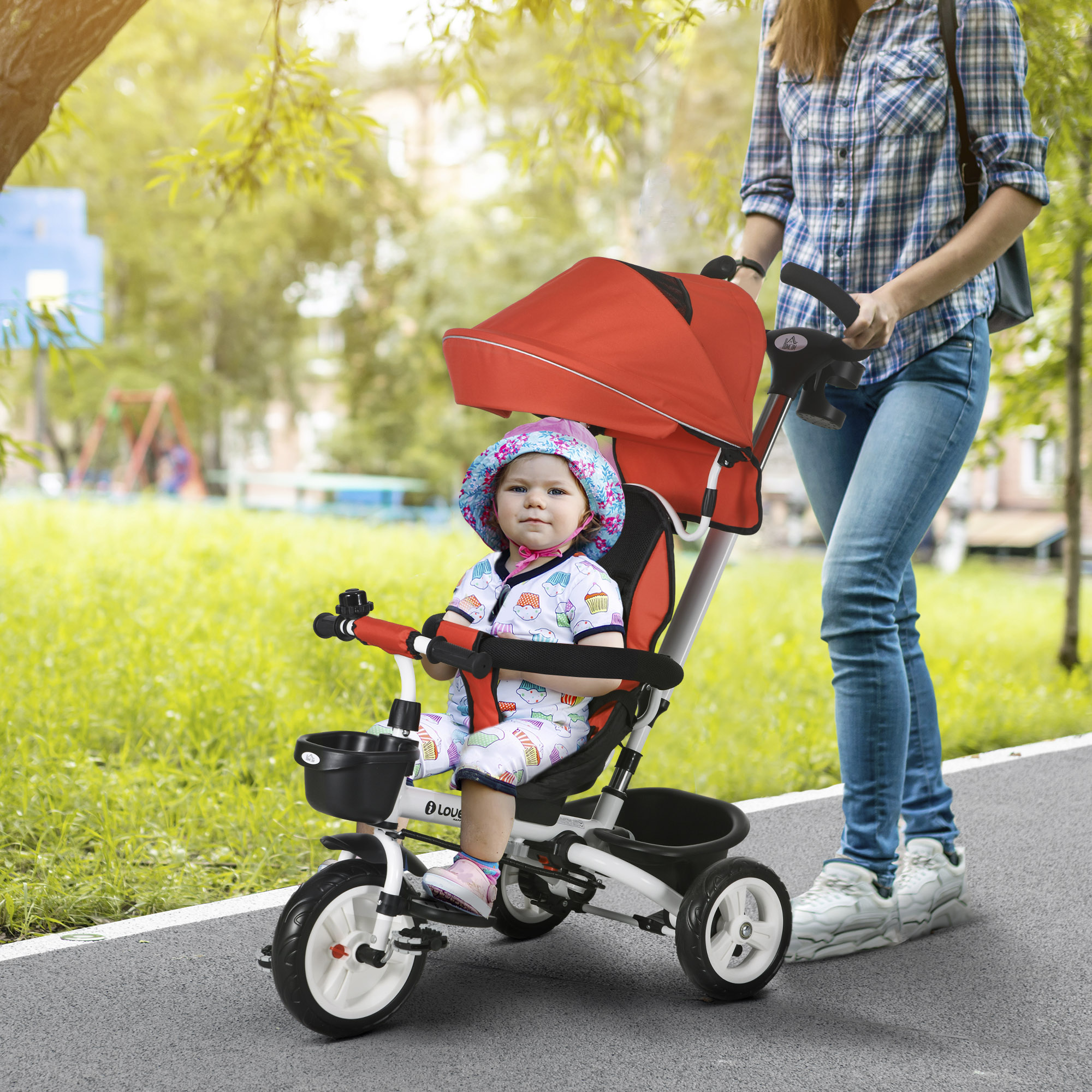 HOMCOM Tricycle 6 En 1 évolutif Rose – Avec Barre De Poussée, Ceinture, Pare-soleil, Panier, Porte-bidon – Pliable – Pour Enfants De 1 à 5 Ans (max 25 Kg)