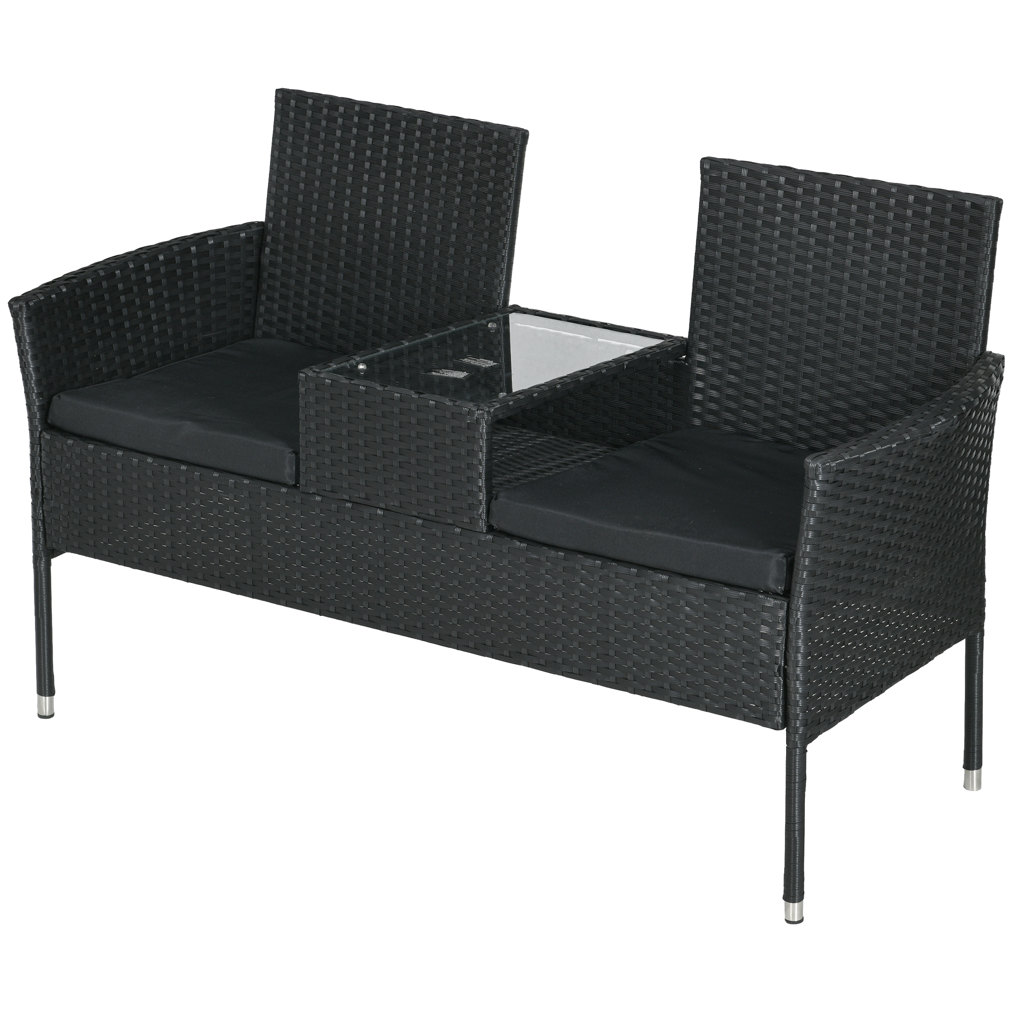 Outsunny Canapé de Jardin 2 Places avec Table Basse, en Acier et Rotin PE, 137x59x82 cm, Noir