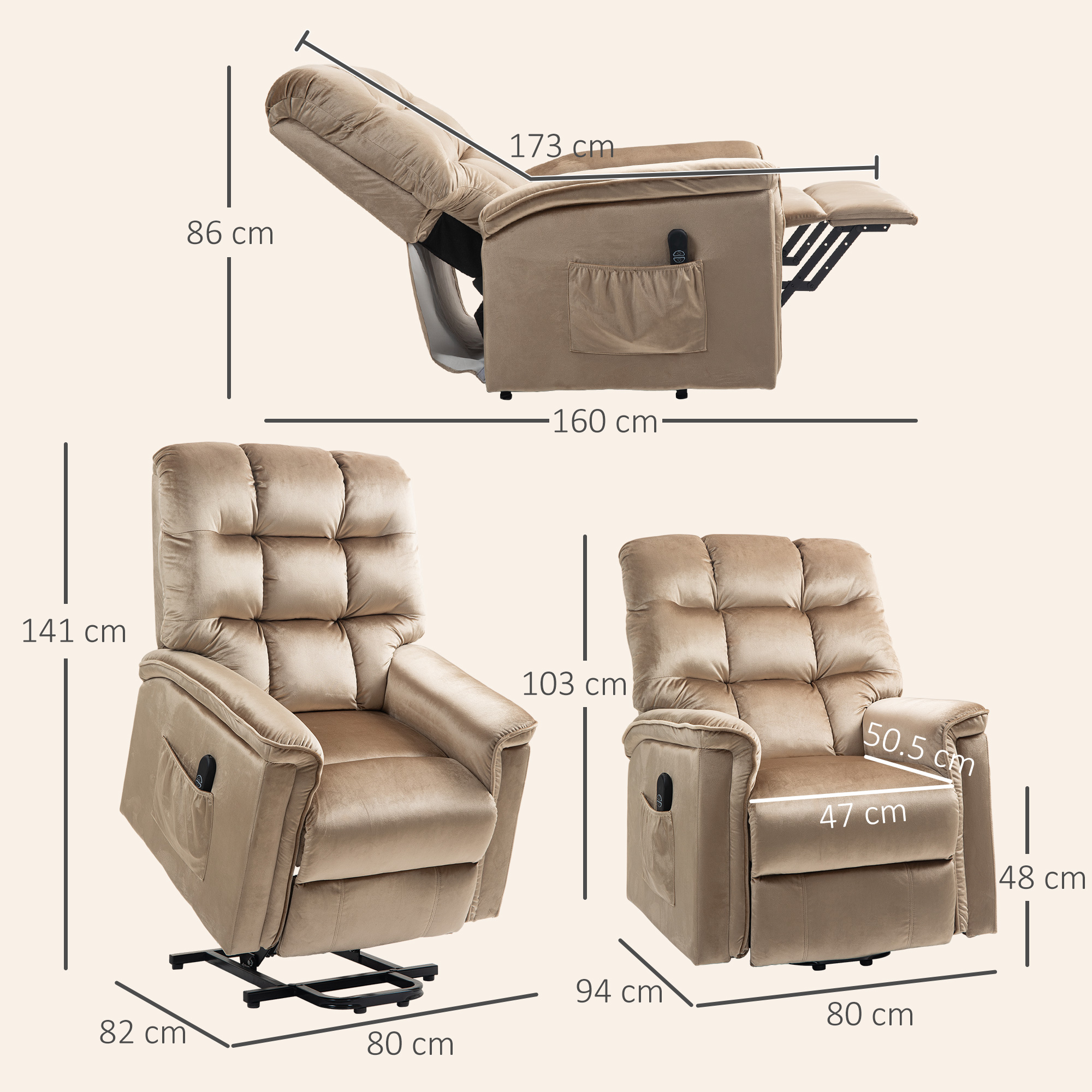HOMCOM Velvet-Feel Electric Lift Recliner Chair Brown 3