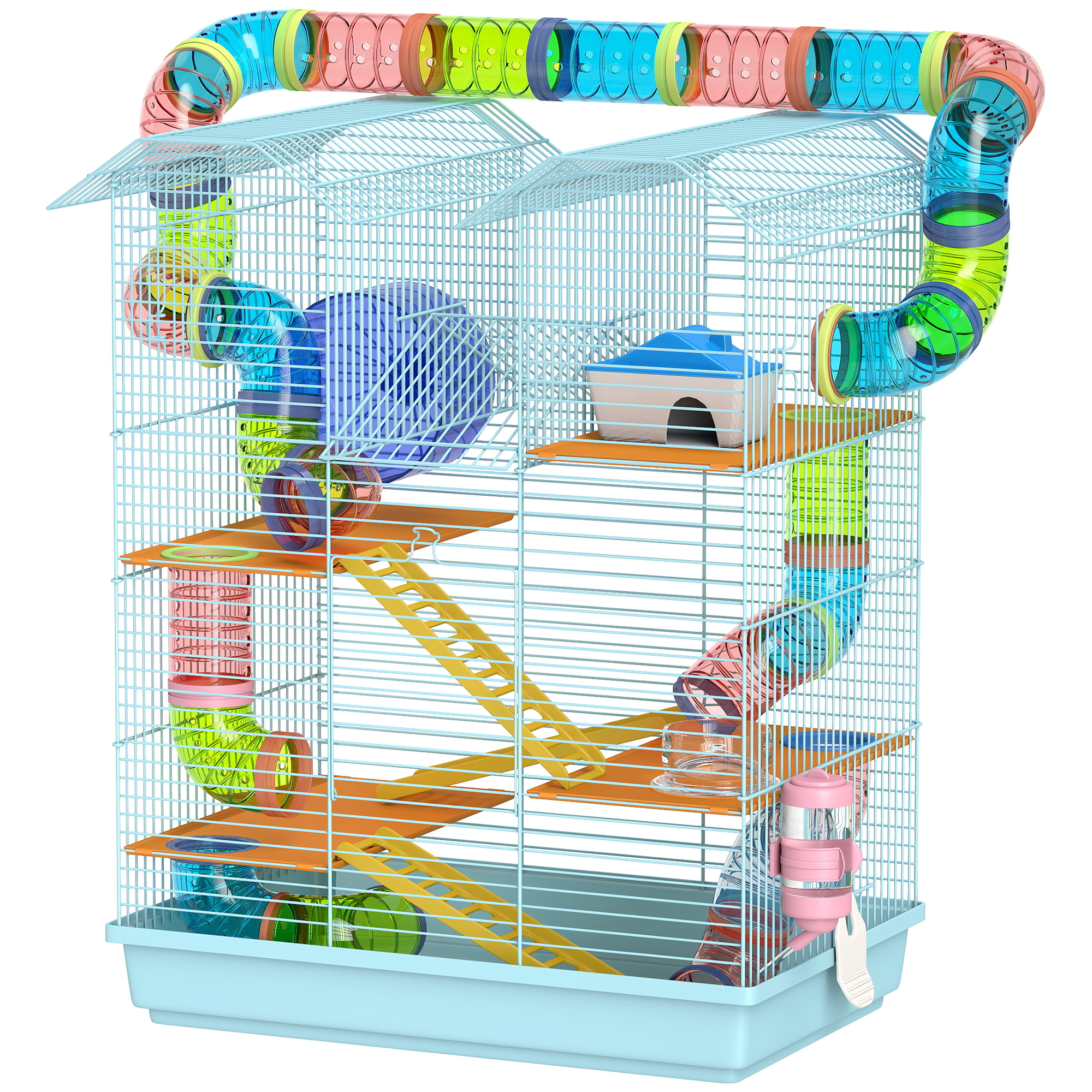 Comparer les prix de PawHut Cage pour Hamsters à 5 Étages avec Tubes Colorés, Roue, Maison et Accessoires, 47x30x59 cm, Bleu