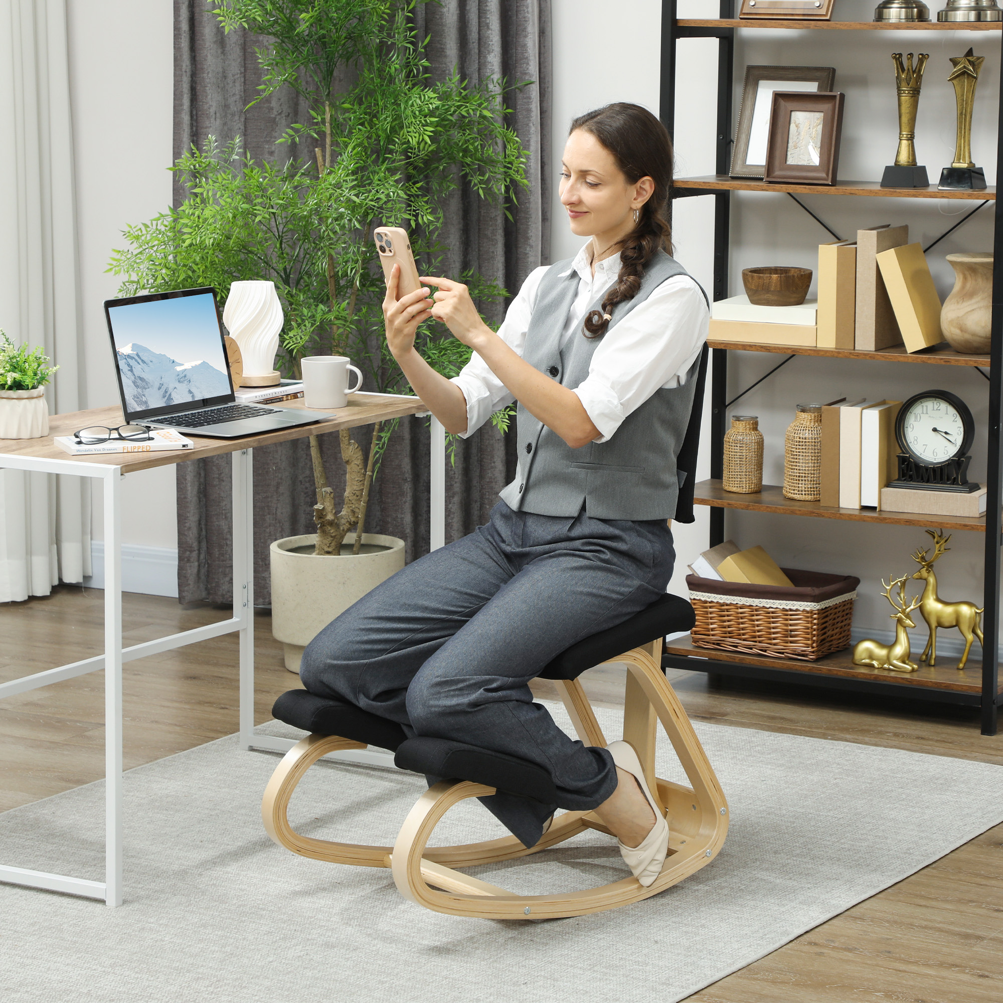 HOMCOM Kniestuhl mit Wippbewegung, Ergonomischer Bürostuhl aus Leinenstrukt günstig online kaufen