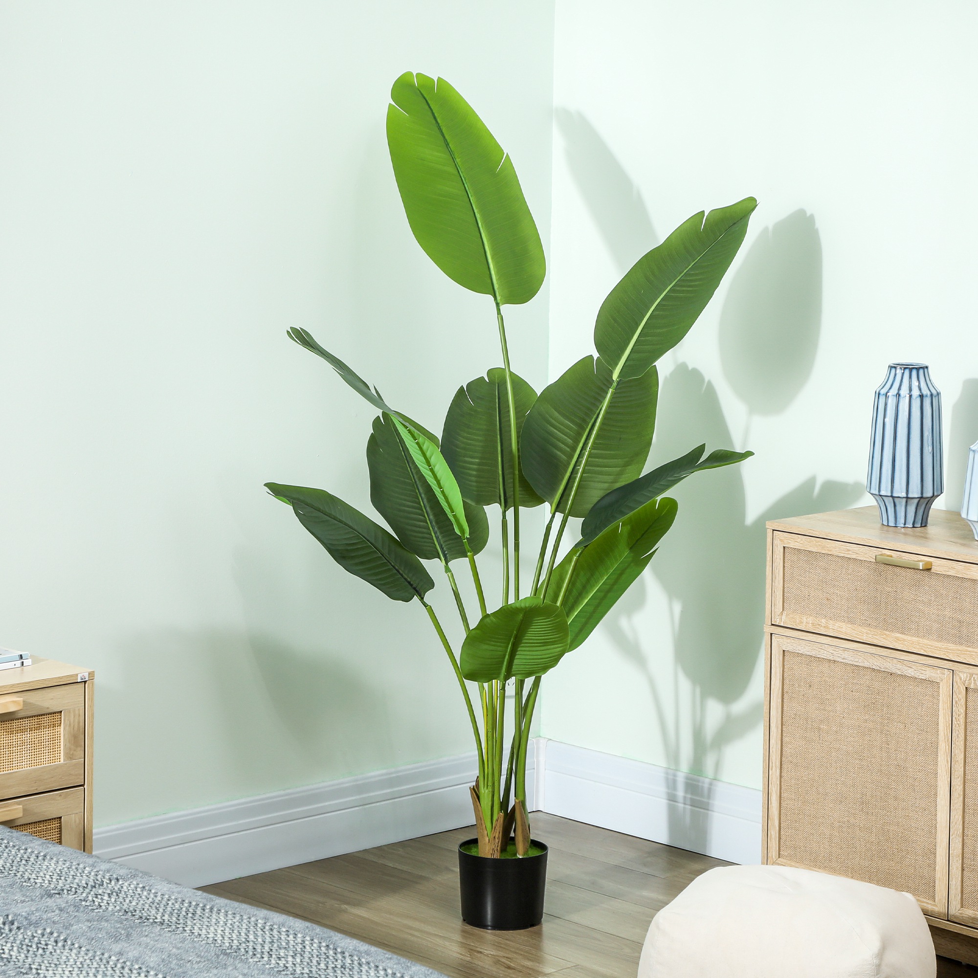 HOMCOM 160cm Tall Artificial Bird of Paradise Plant, Faux Banana Leaf Tree with PEVA Leaves and Flocking, Decorative Palm Tree in Pot for Home Office Decor, Green 8