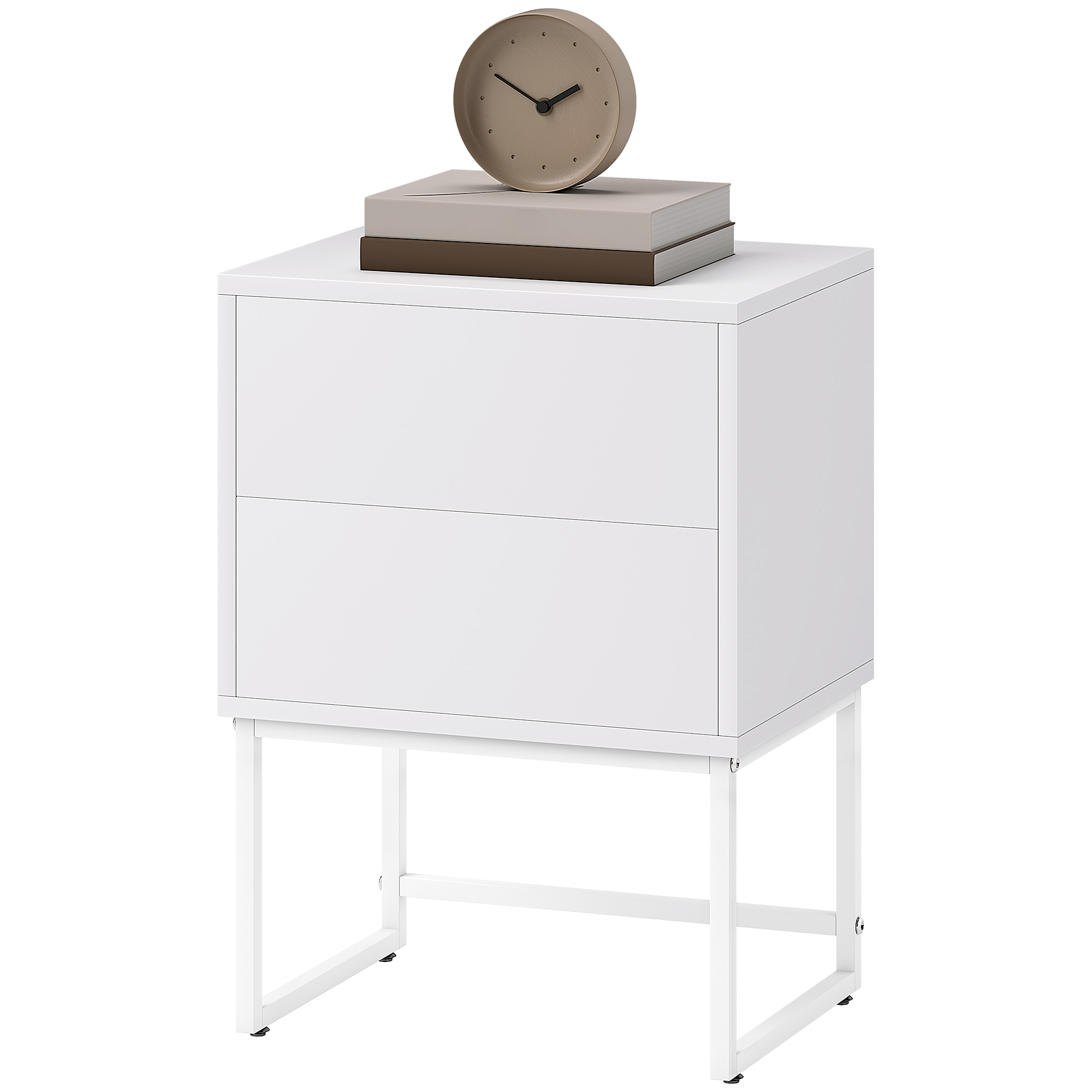 HOMCOM Table de Chevet Moderne à 2 Tiroirs avec Ouverture par Pression, Panneaux de Fibres de Bois et Acier, 40x30x50 cm, Blanc