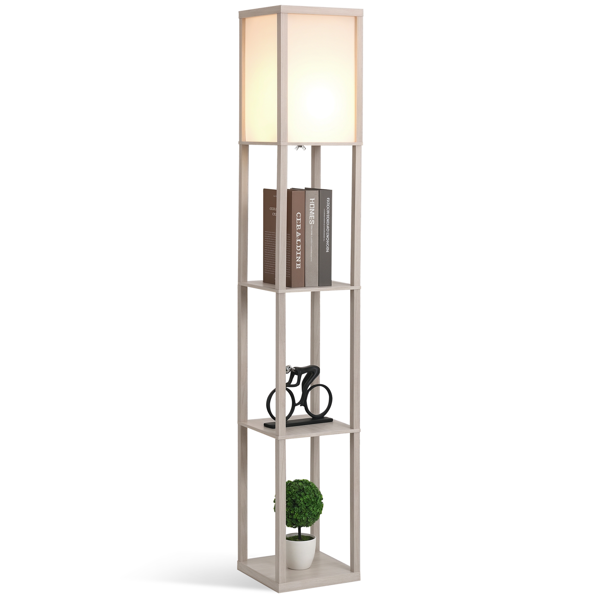 HOMCOM Lámpara de Pie de Madera con Estantes Almacenaje para Salón Dormitorio Bombilla E27 26x26x160 cm Diseño Moderno Roble y Blanco | Aosom España