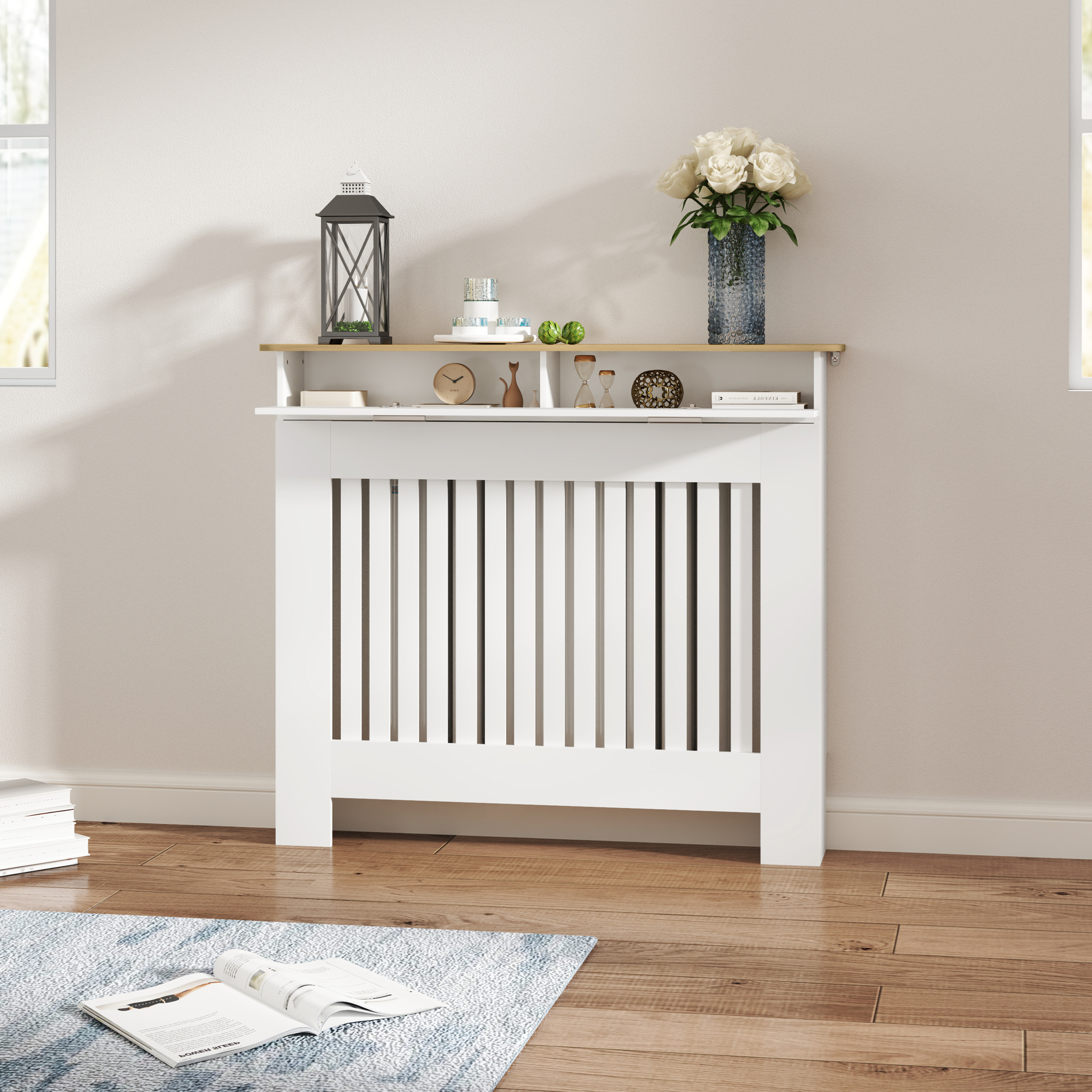 Cache-radiateur Design Panneau Avec Tiroir - Grille D'aération Horizontale à Lattes - Dim. 78L X 19l X 95H Cm - MDF Effet Bois Clair Blanc