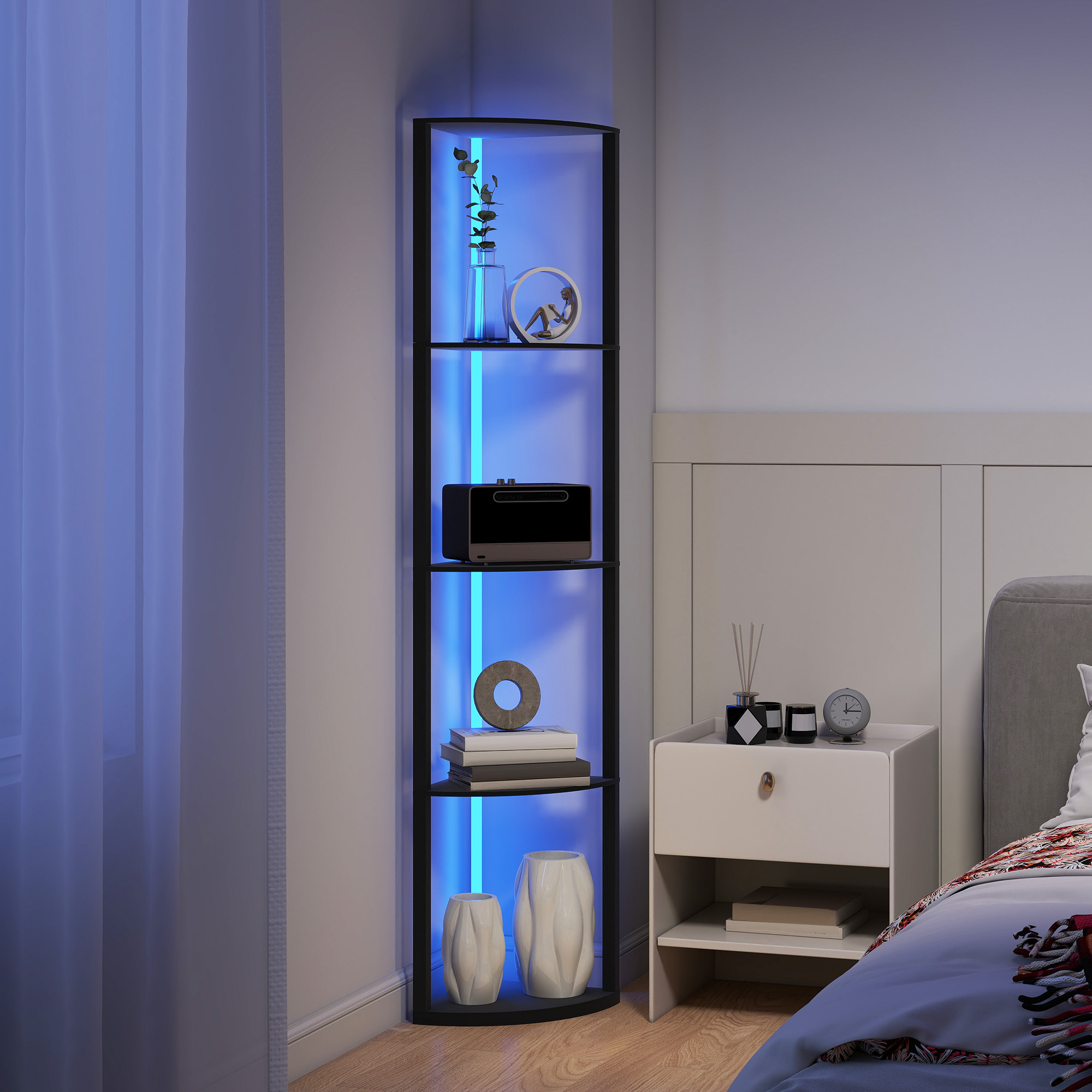 LED-põrandalamp, 5-astmeline hämardamine, riiuliga, RGB värvimuutus, puldiga