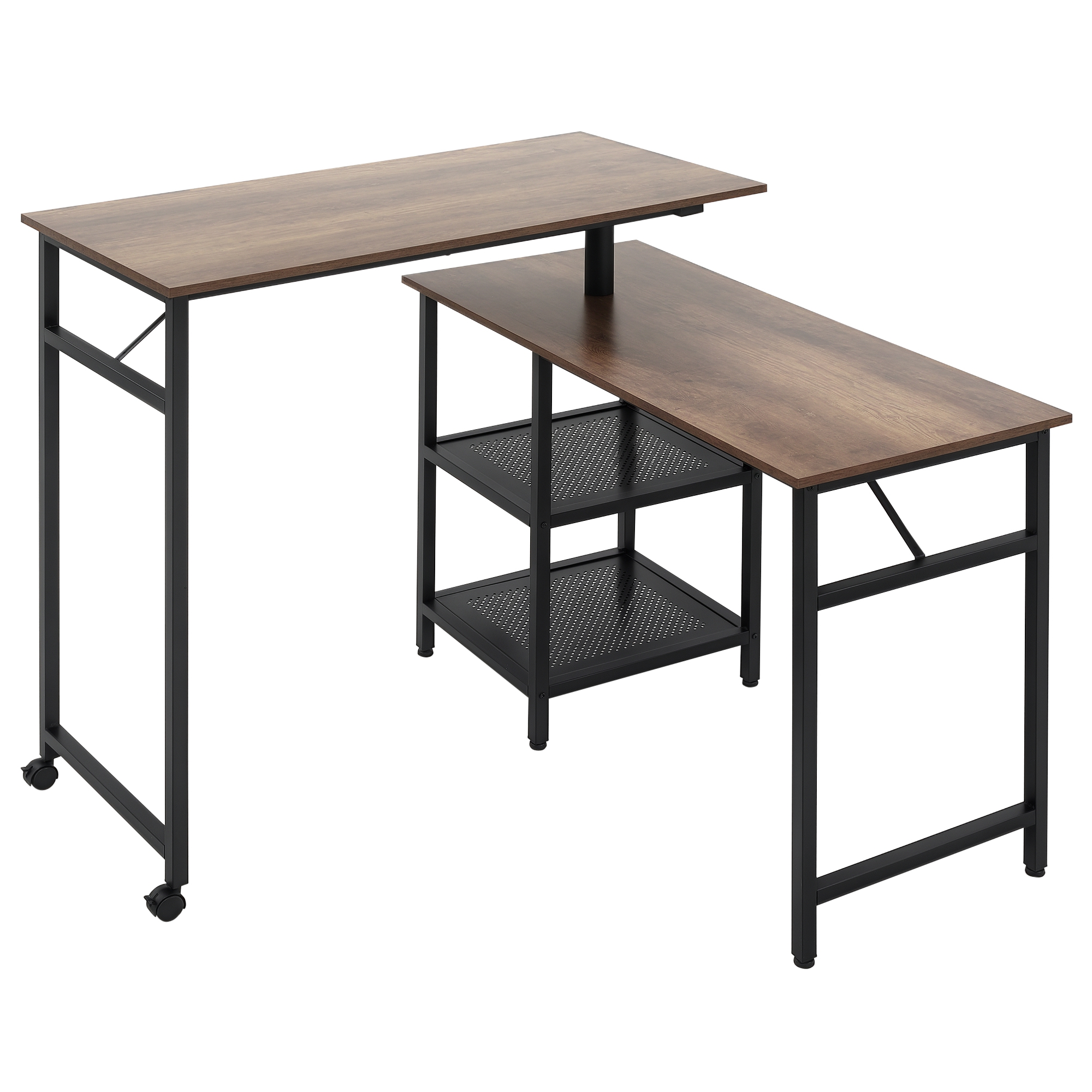HOMCOM Bureau d'angle bureau industriel en bois 3 formes modulables plateau pivotant à 360° doté de 2 roulettes avec frein