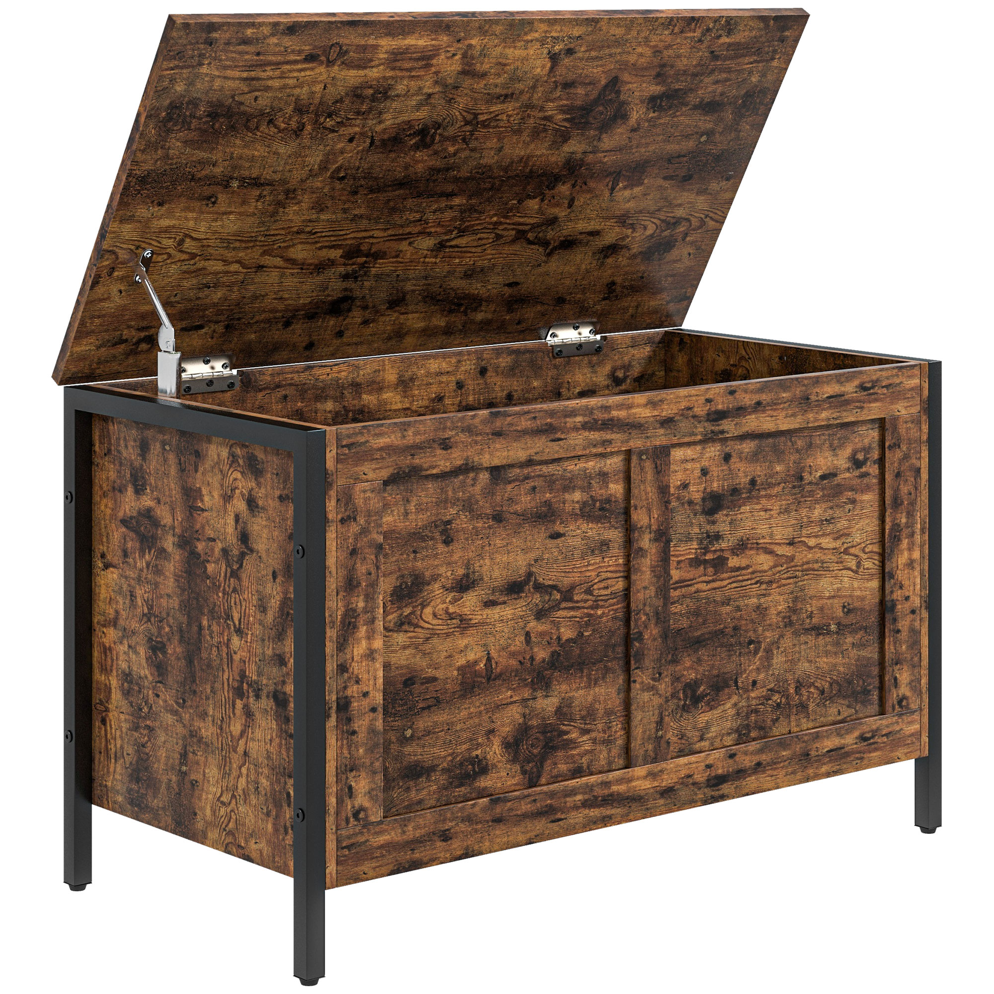 HOMCOM Coffre en Bois de 95L de Style Industriel avec Couvercle et Charnière de Sécurité, 80x40x49cm, Marron