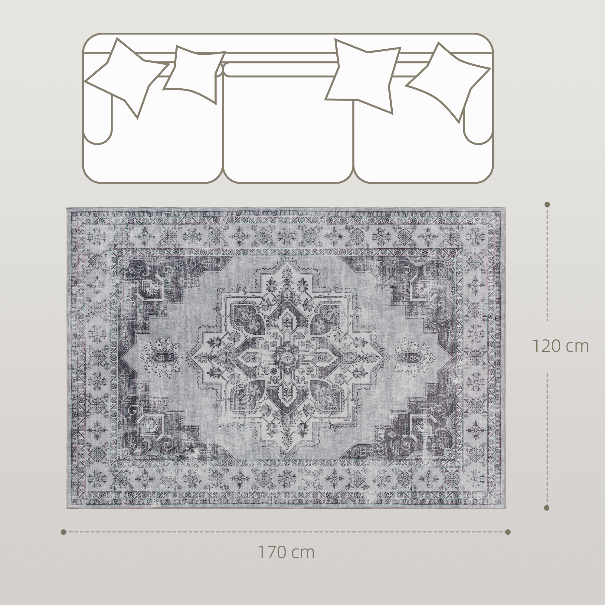 HOMCOM Vintage Area Rug, Non-Slip Washable Rug, Flannel Floor Carpet for Living Room, Bedroom, Dining Room, Home Office, 170 x 120 cm, Grey 3