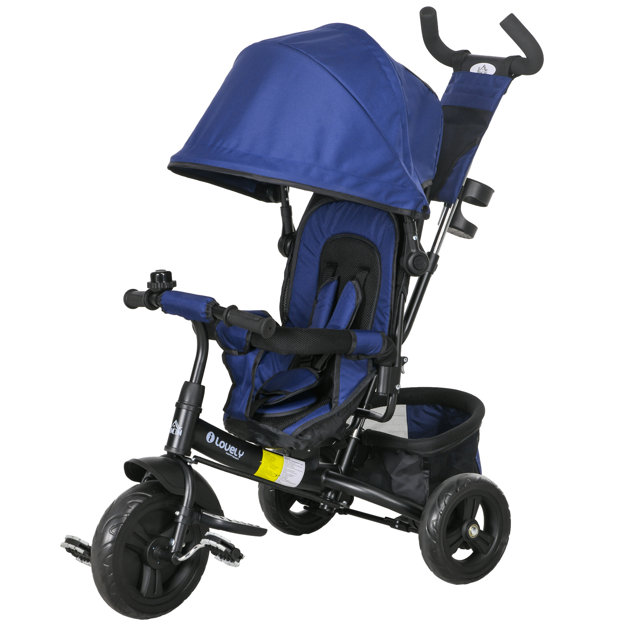 HOMCOM Tricycle pour Enfants, Vélo pour Enfants, Panier arrière, Porte-gobelet, Capote, Métal, Bleu foncé