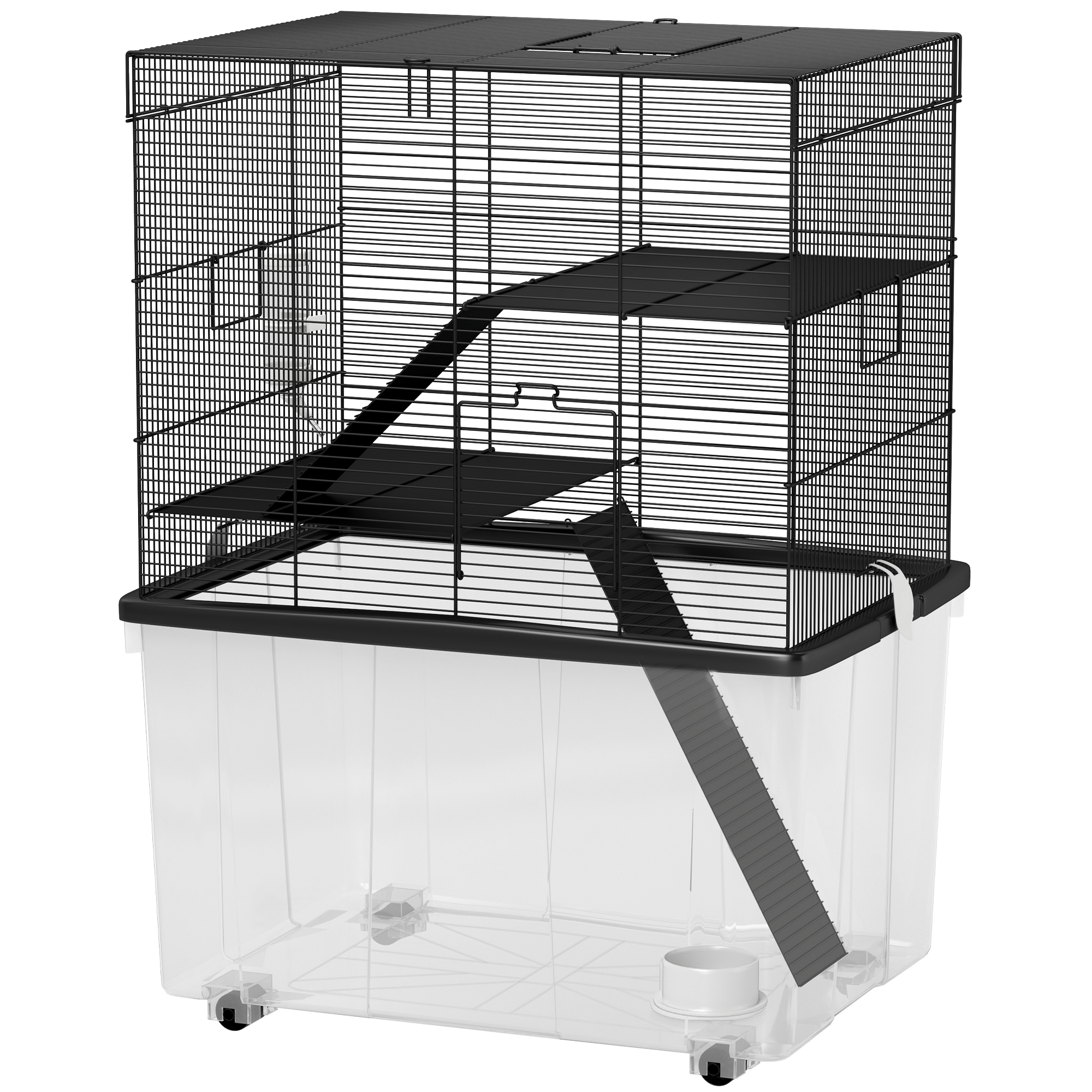 Meilleurs prix pour PawHut Cage pour Hamsters 3 Étages avec Roues, 2 Plateformes, Rampes, Bol et Bouteille, 58x43x74 cm, Noir