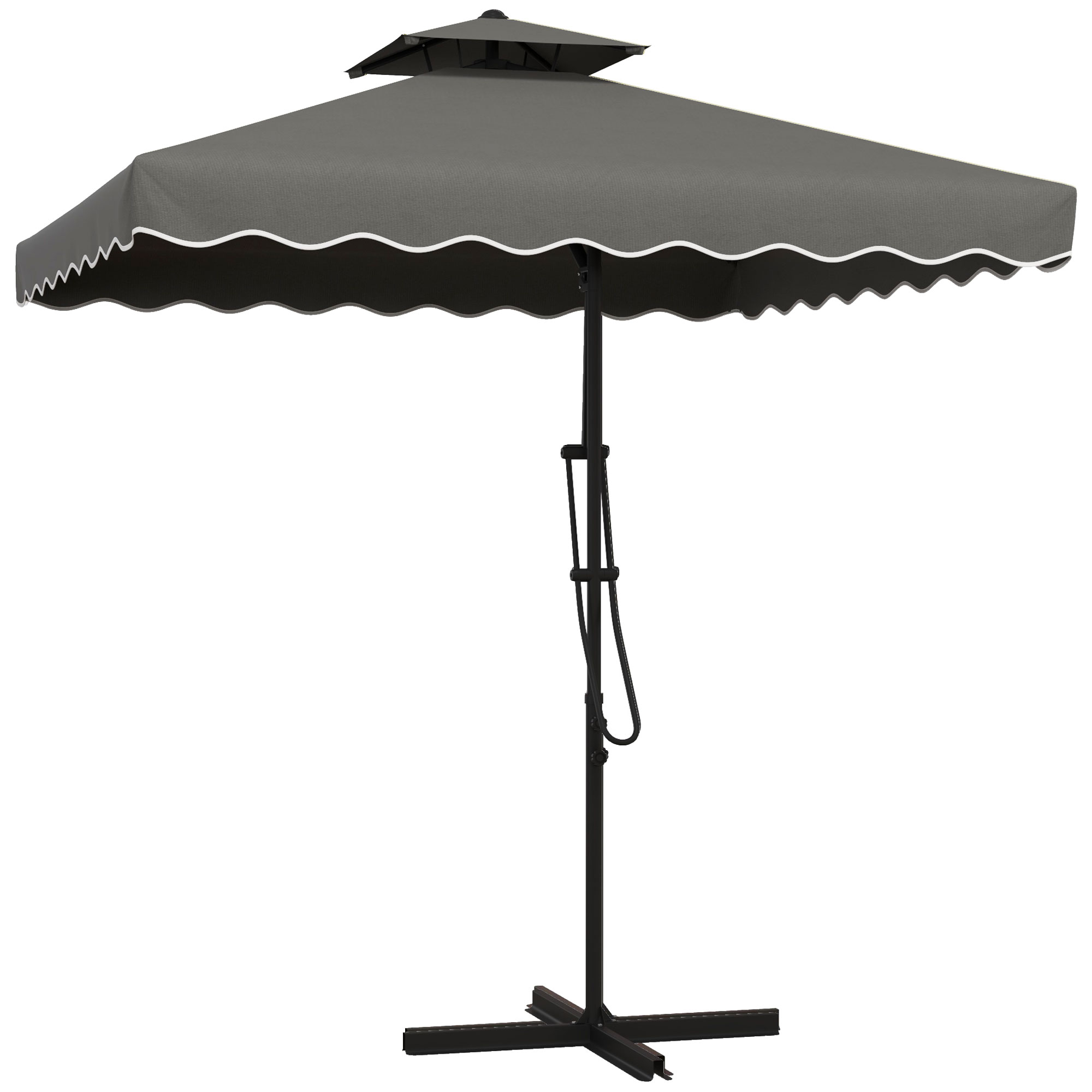 Outsunny Parasol de jardin, Parasol déporté, bordure décorative, toit ventilé, structure en métal, 2,4x2,4x2,6m, Gris foncé