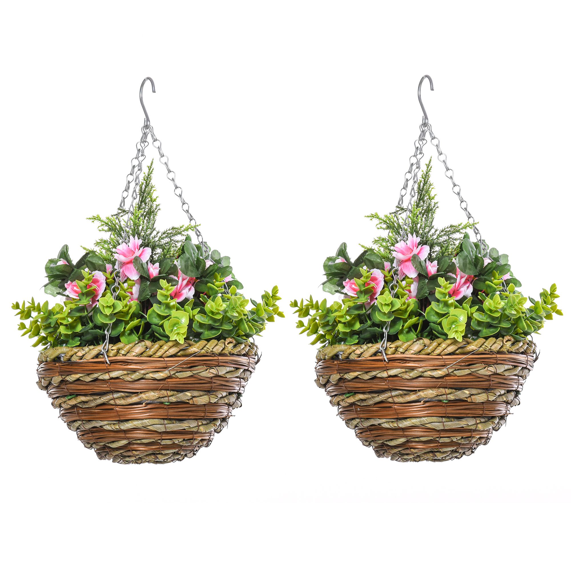 Outsunny Set 2 Piante Finte di Lisianthus avec Pot et Crochet, Plantes Artificielles en PE et Osier, Ø25x34 cm, Vert et Rose