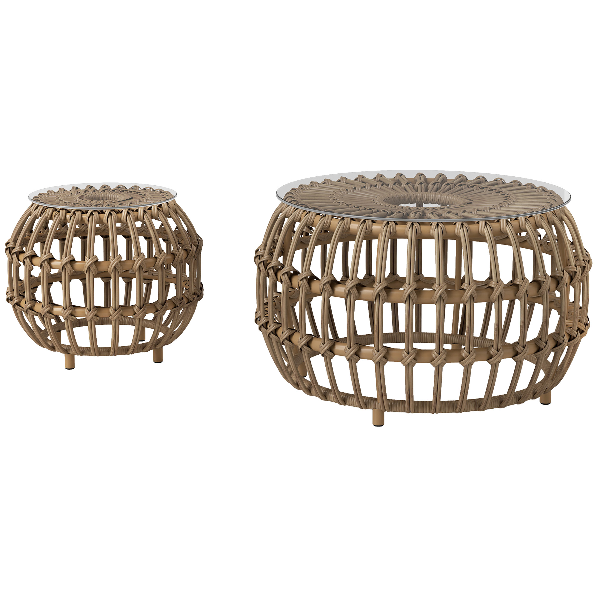 Outsunny Lot de 2 tables d'appoint en polyrattan Ø66/42 cm rondes résistantes aux intempéries avec plateau en verre en brun