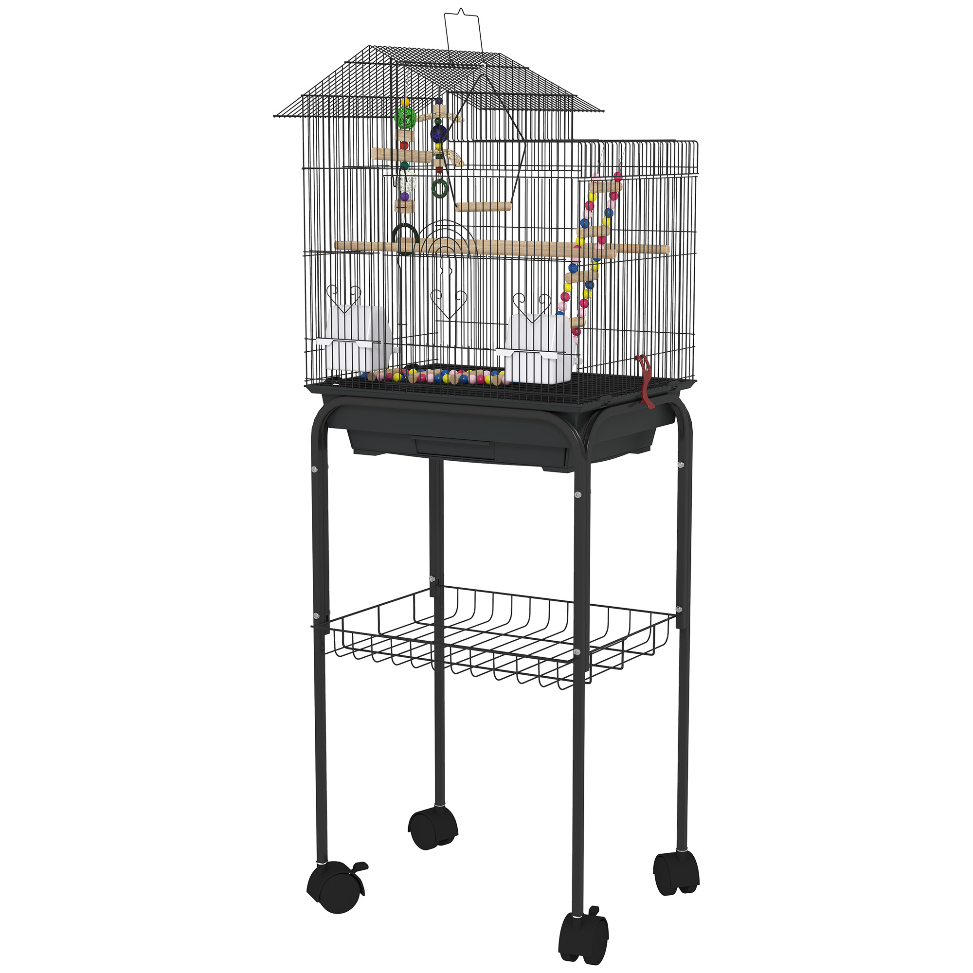 Meilleurs prix pour PawHut Cage pour Oiseaux avec Pied, Roues Pivotantes, Plateau et Accessoires, 46x36x120 cm, Noir