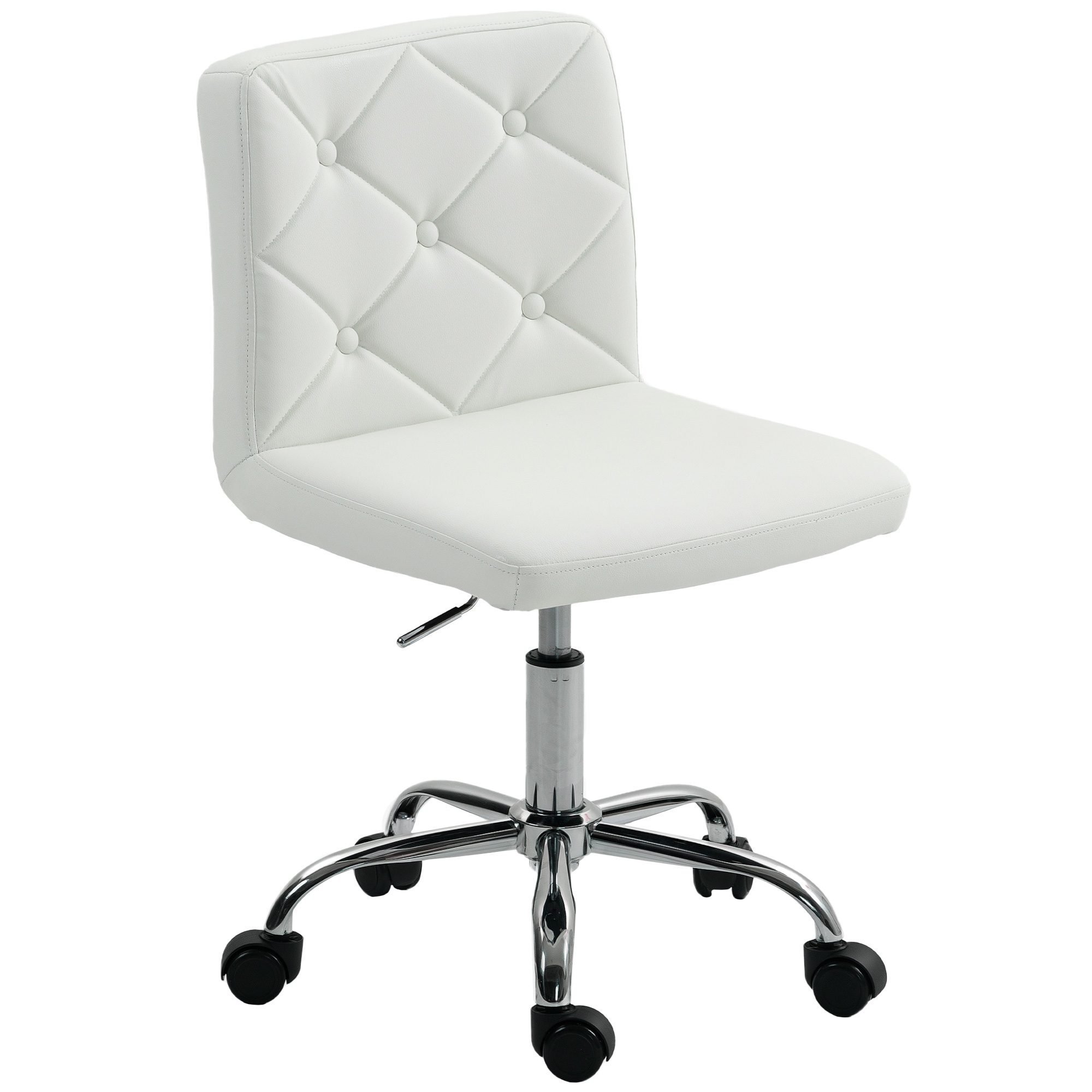 Chaise de Bureau Réglable avec Revêtement à Boutons, en Cuir PU, Mousse et Acier, Blanc