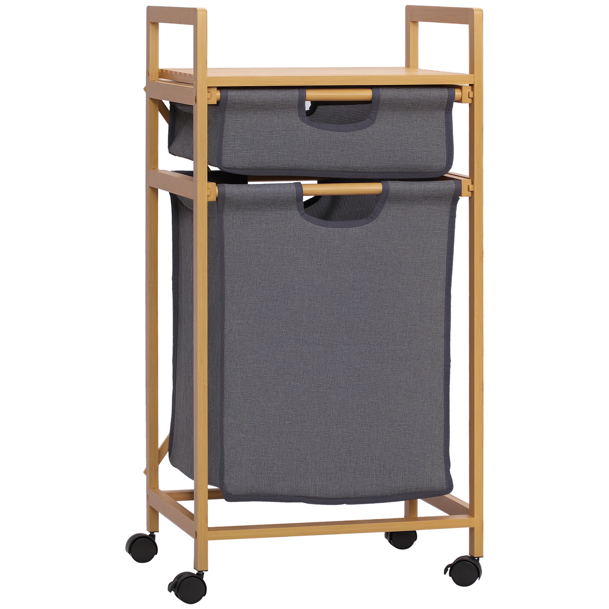 Image of HOMCOM Cesto Portabiancheria Doppio Scomparto con Ruote, Sacchi Tessuto, Struttura Bambù, 42x35x84.5cm - Pratico e Elegante Aosom006