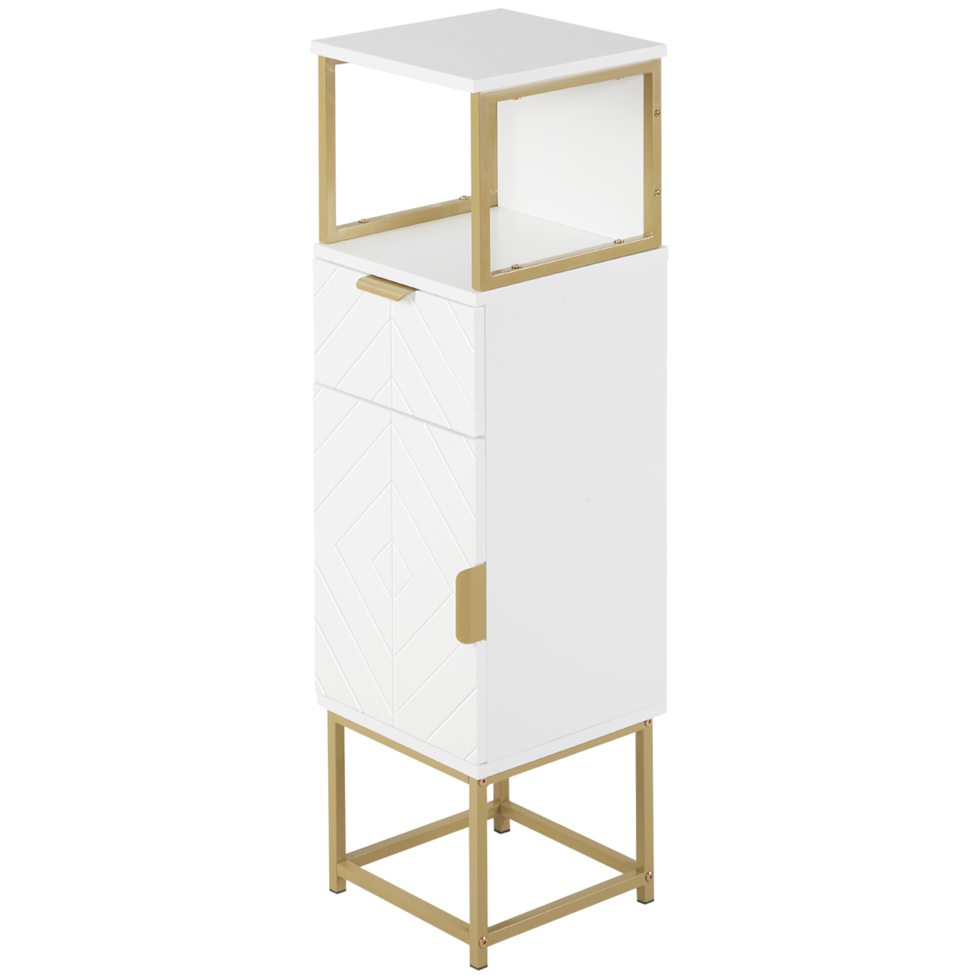 kleankin Mobile Colonne de Salle de Bain avec Tiroir, Placard et Étagère en Bois et Métal, 30x30x105cm, Blanc