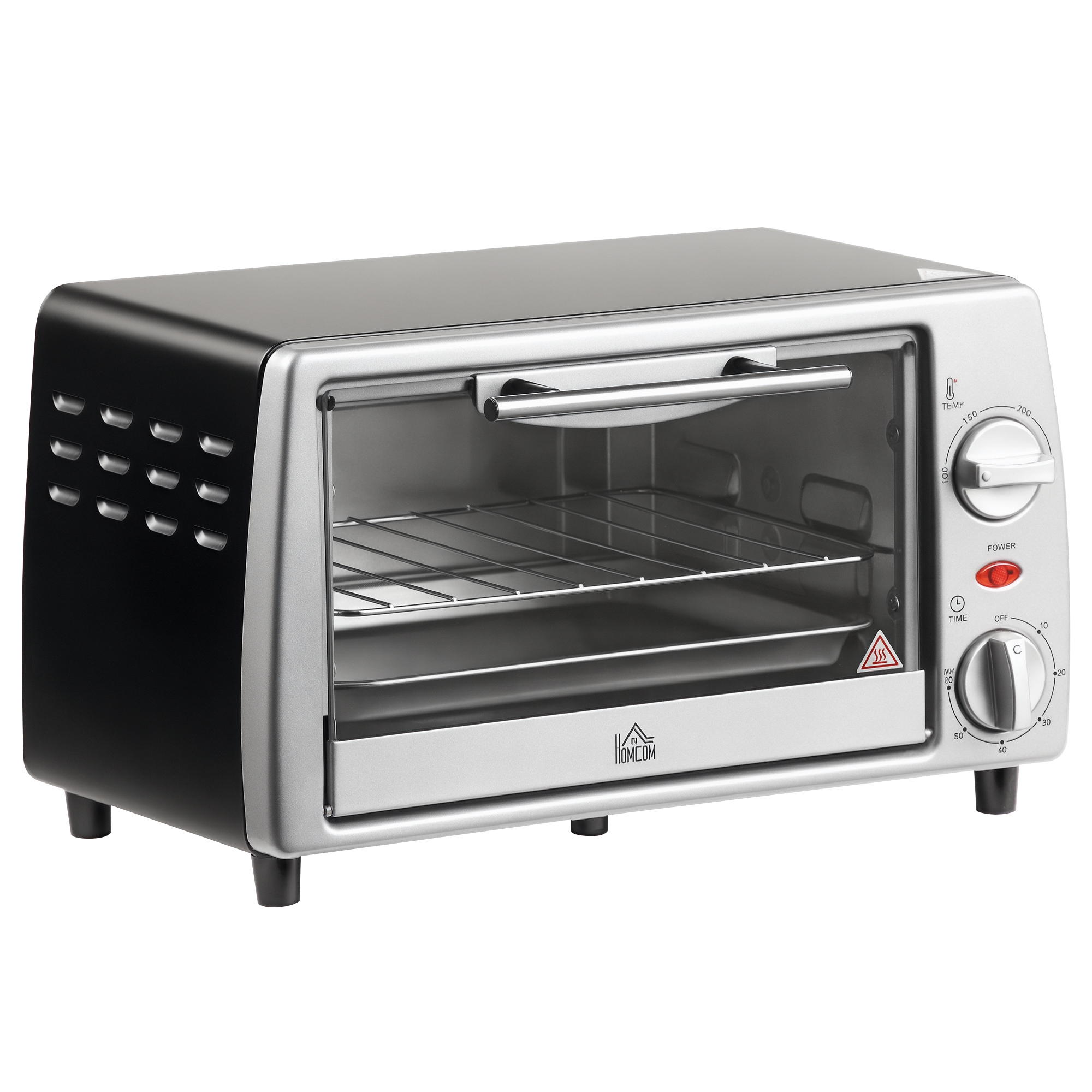 HOMCOM Horno Eléctrico Sobremesa 10 Litros 750W con Temperatura hasta 230℃ 60 Minutos Bandeja y Rejilla 36,5x26x22 cm Plata | Aosom España