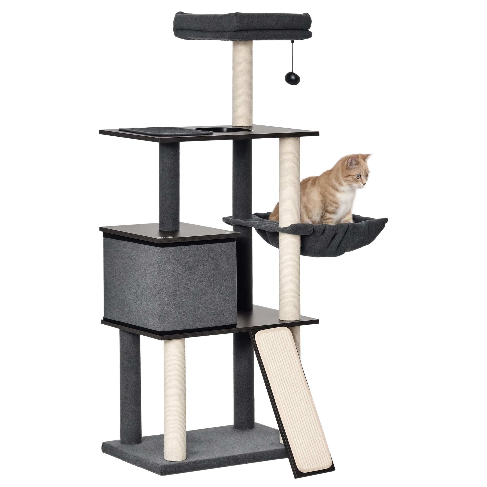 Image of PawHut Albero Tiragraffi per Gatti Adulti e Gattini da 146cm, Pali in Sisal, Piattaforme, Casetta, Lettino e Cuscini Lavabili, Grigio scuro Aosom006