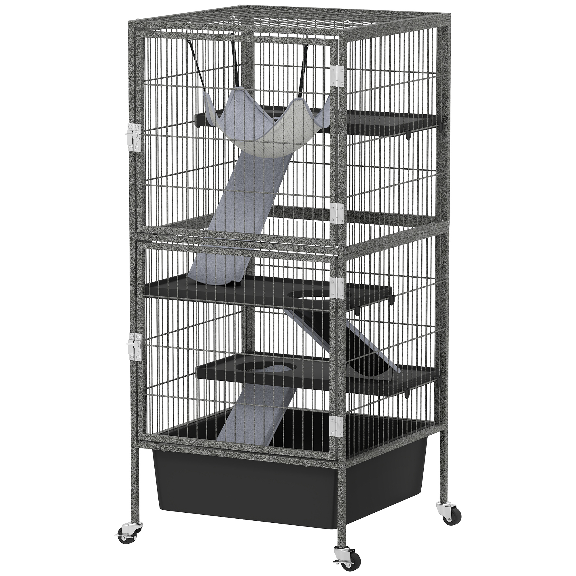 Comparer les prix de PawHut Cage pour Petits Animaux à 4 Niveaux avec Rampes, Plateformes, Hamac et Roues, 52x52x115 cm, Gris