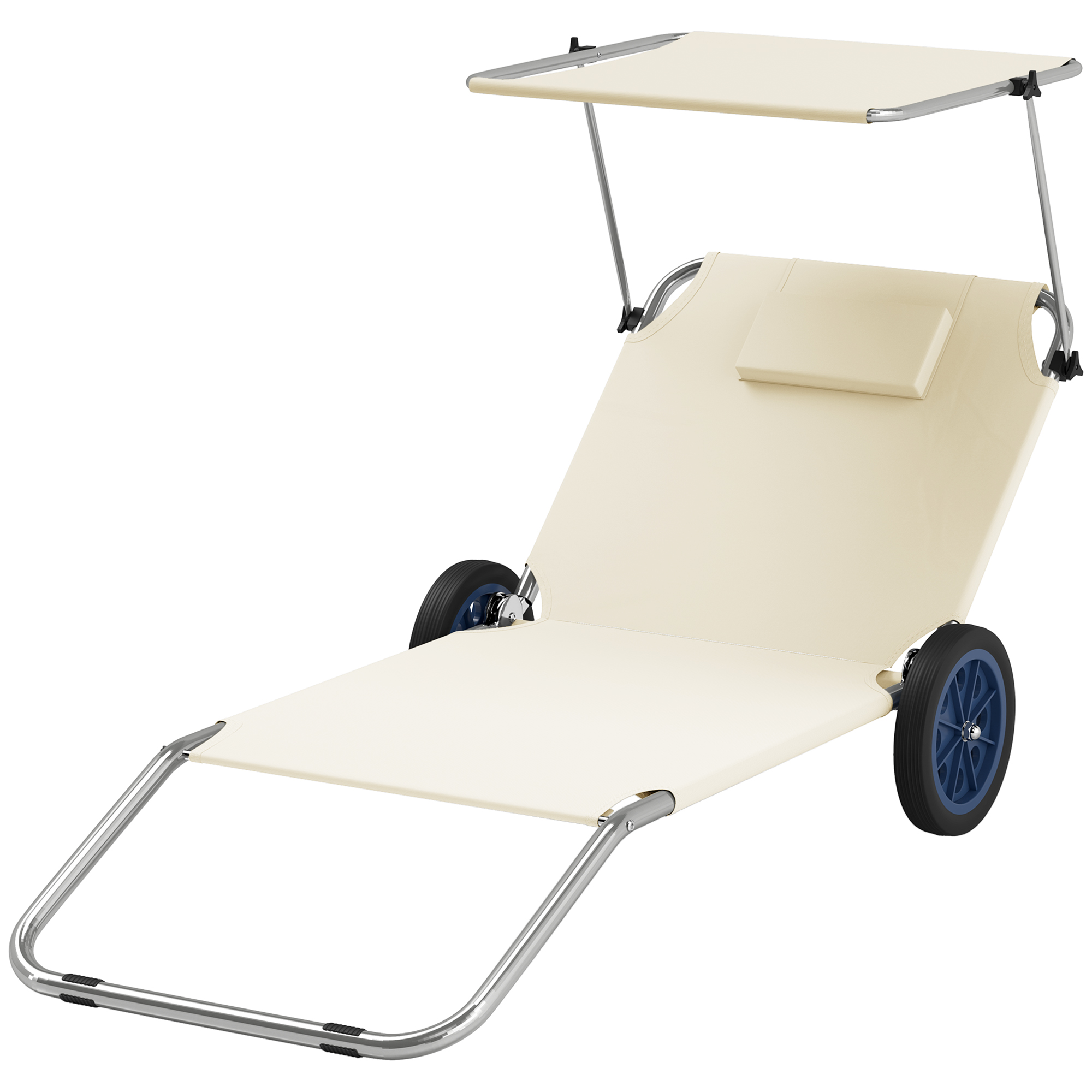 Outsunny Chaise longue pliable de jardin avec coussin de tête, auvent et dossier inclinable Beige