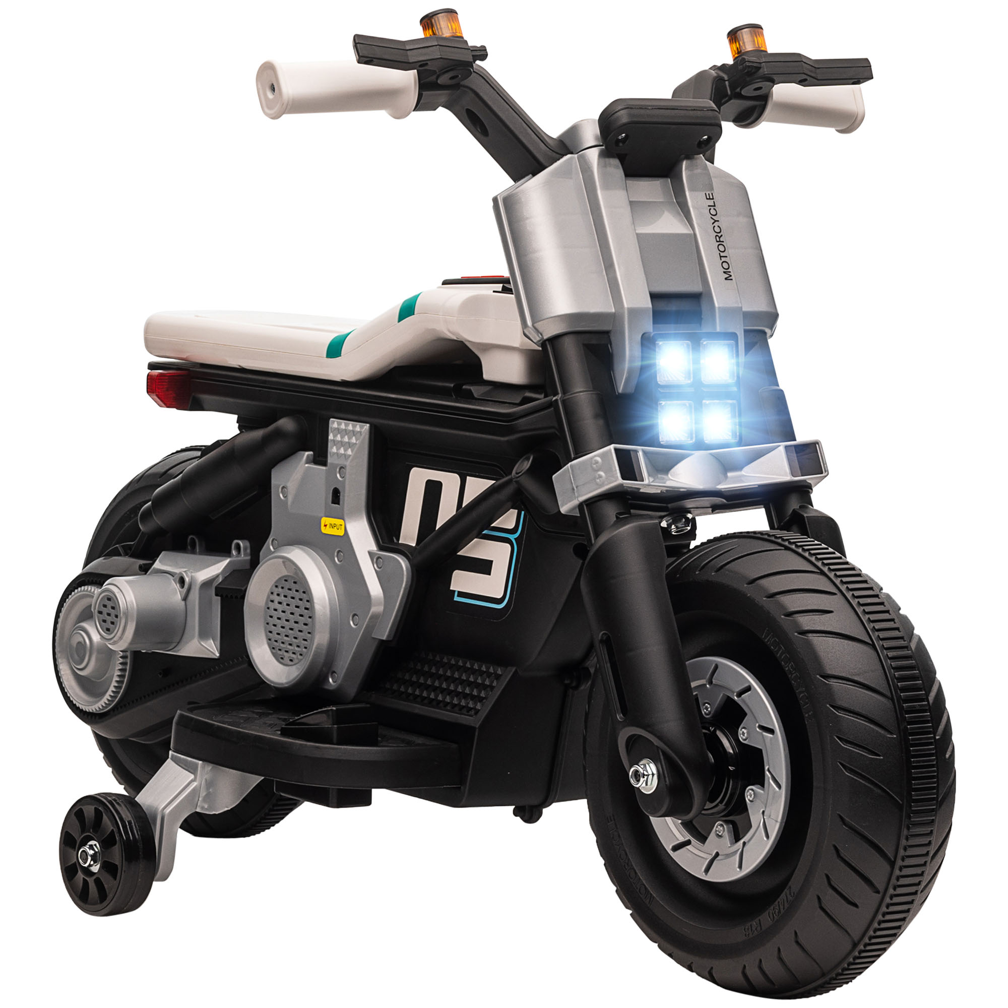 HOMCOM Moto Eléctrica Infantil con Faros Música Bocina Velocidad 3 km/h para Niños de 3-5 Años 86x44x58cm Negro y Blanco   Aosom España