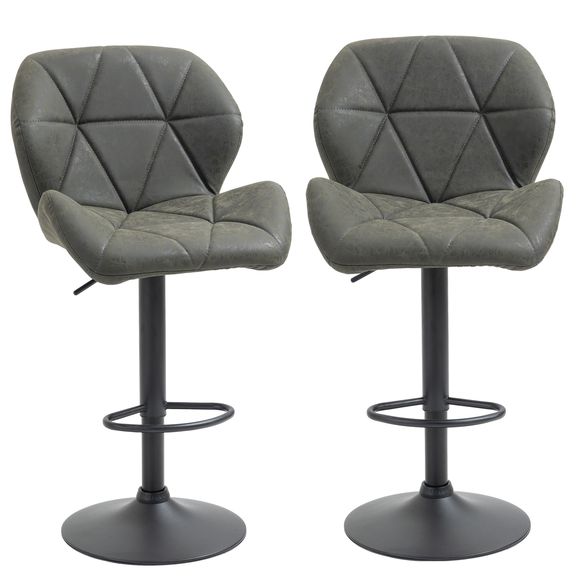 HOMCOM Ensemble de 2 tabourets de cuisine modernes en similicuir avec dossier et repose-pieds, hauteurs réglables, base ronde, 51,5x57,5x93-114,5 cm, Vert Militaire