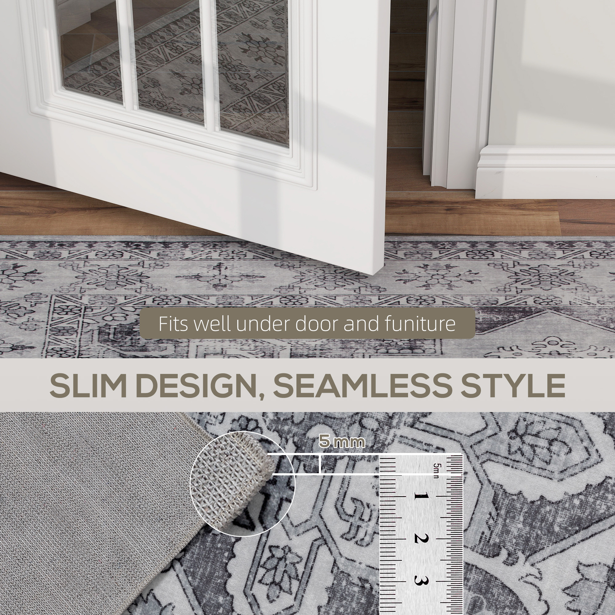 HOMCOM Vintage Area Rug, Non-Slip Washable Rug, Flannel Floor Carpet for Living Room, Bedroom, Dining Room, Home Office, 170 x 120 cm, Grey 7