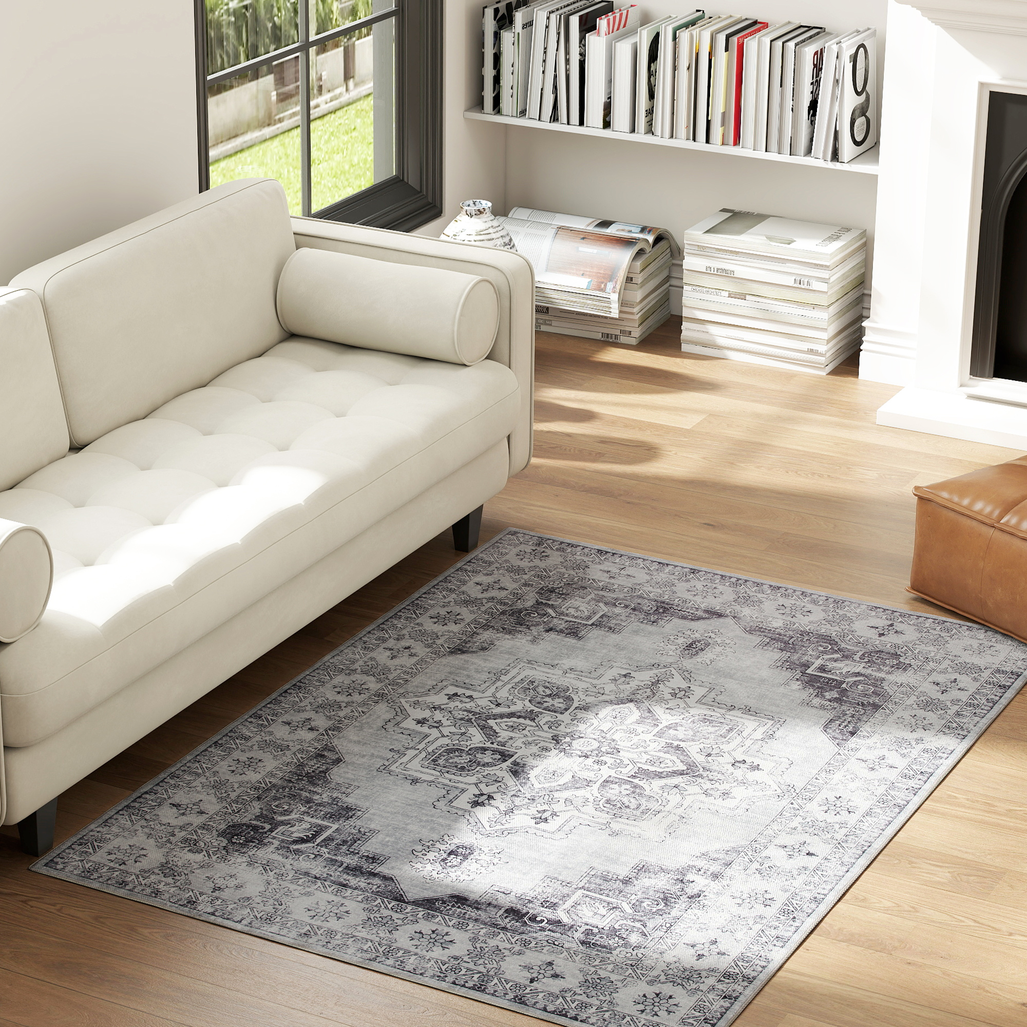 HOMCOM Vintage Area Rug, Non-Slip Washable Rug, Flannel Floor Carpet for Living Room, Bedroom, Dining Room, Home Office, 170 x 120 cm, Grey 2