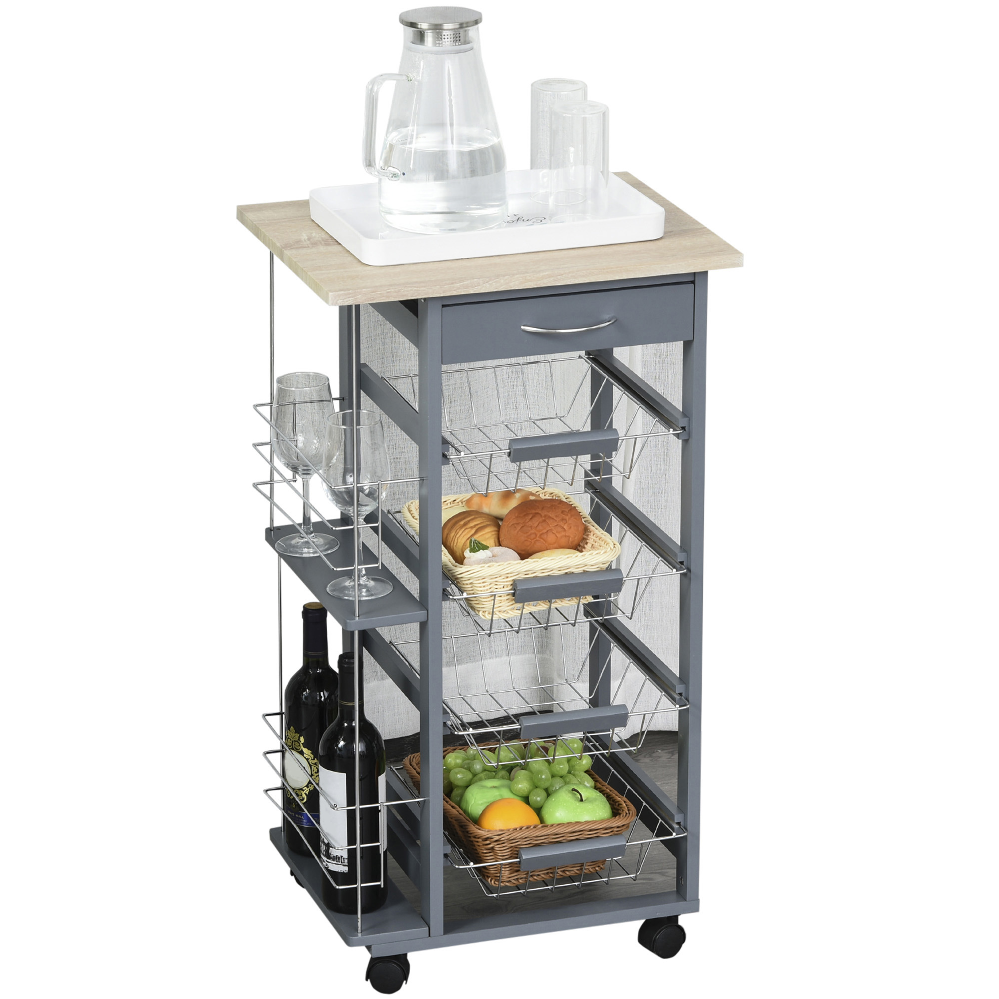 HOMCOM Chariot de Cuisine en Gris Foncé avec 1 Tiroir et 4 Paniers Métalliques