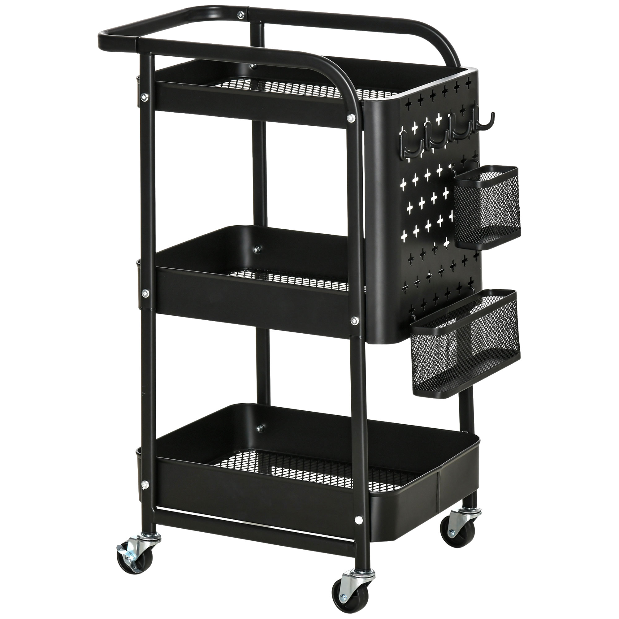 HOMCOM Carrito de Cocina con Ruedas Carro de Almacenamiento de 3 Niveles 4 Ganchos Asa 2 Cestas Colgantes y Frenos 51,5x32x75,6cm Negro | Aosom España