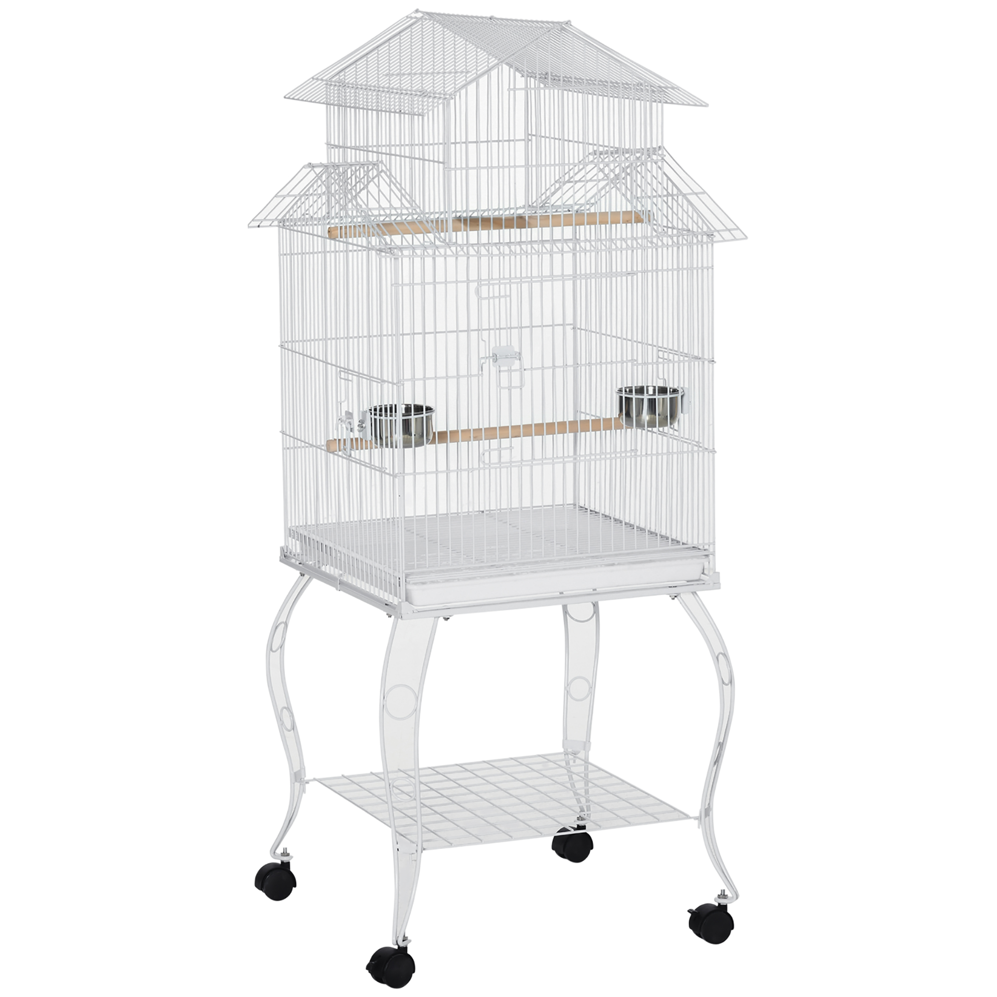 PawHut Jaula para Pájaros con Ruedas Jaula Grande con Soporte y Estante para Canarios Periquitos 50x49x137 cm Blanco | Aosom España
